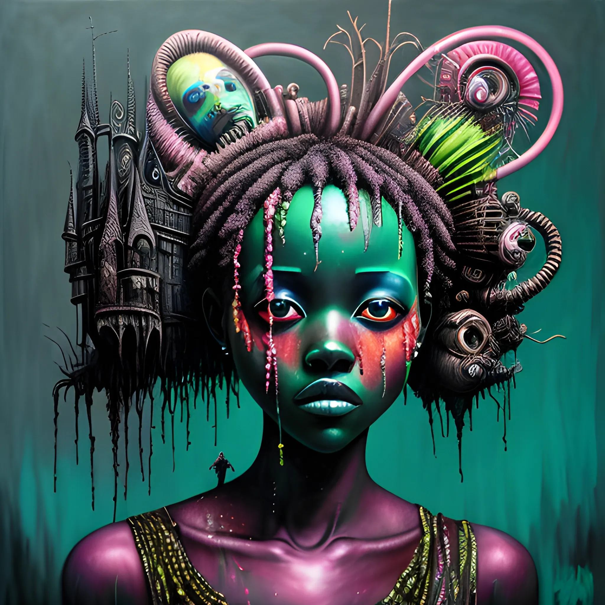  Masterpiece, scenic; Lupita Nyong'o; neon spray paint, acrylic paint, fantastical surrealist world, in the style of Stephen Gammell and Shawn Coss, extremely detailed, sick, gothic, eldritch