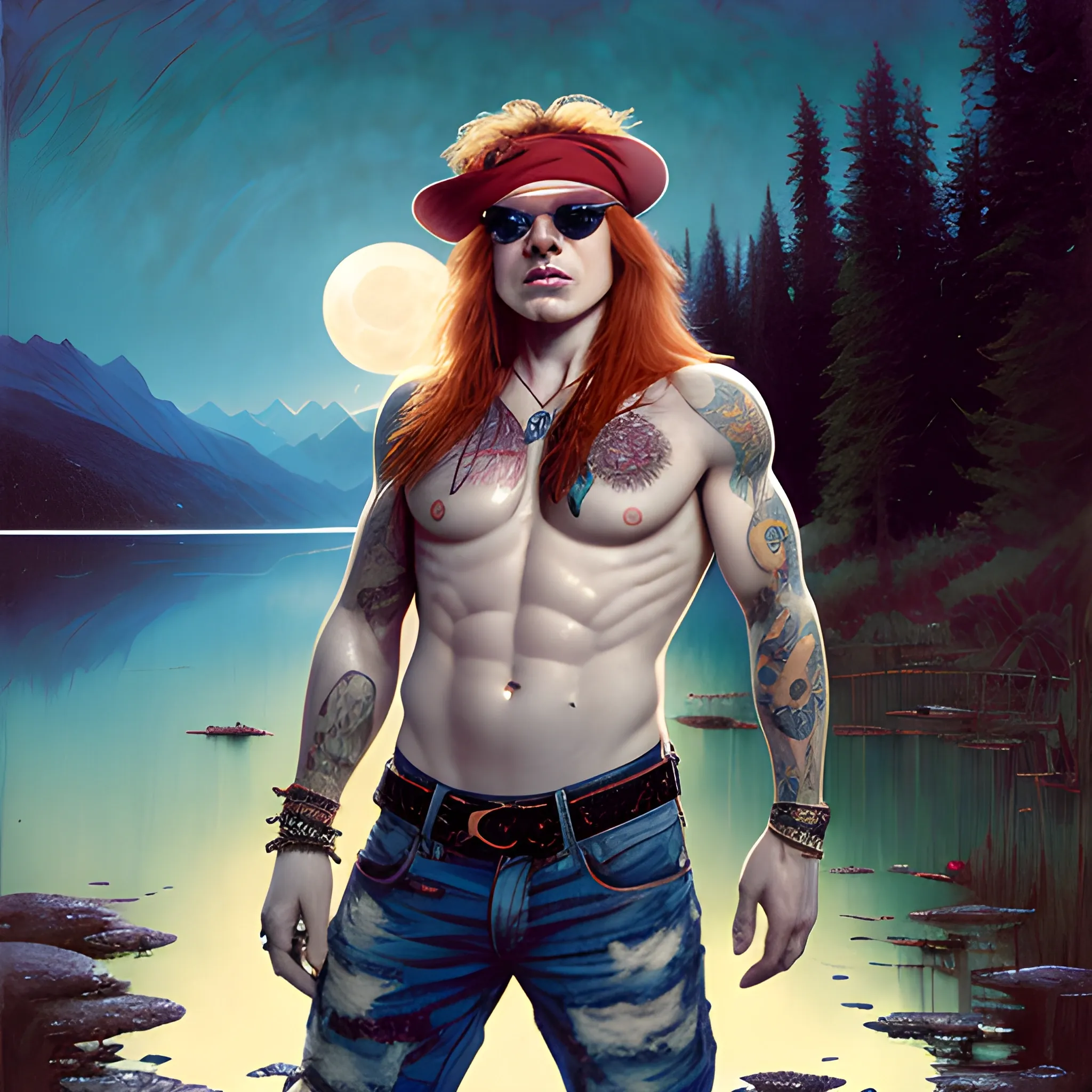 Axl Rose, long red hair, chiseled, handsome highly detailed symmetrical face, freckles, perfect face, hyperdetailed eyes and an athletic, long, lean masculine body, under a painted neblua sky, full moon; by a lake, mountains; spooky ambiance, by gaston bussiere, craig mullins, j. c. leyendecker