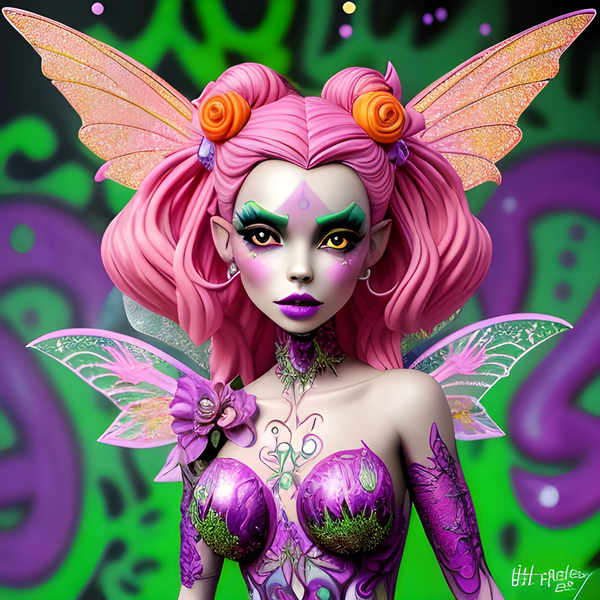  Mythical Fairy: monster High doll: vines: woman: fairy wings: forest: nature: orange and pink: detailed: glitter, airbrush, luminous color sparkles; graffiti art, splash art, street art, spray paint, oil gouache melting, acrylic, high contrast, colorful polychromatic, ultra detailed, ultra quality, CGSociety, 3D; hyperdetailed face of Rosie Perez