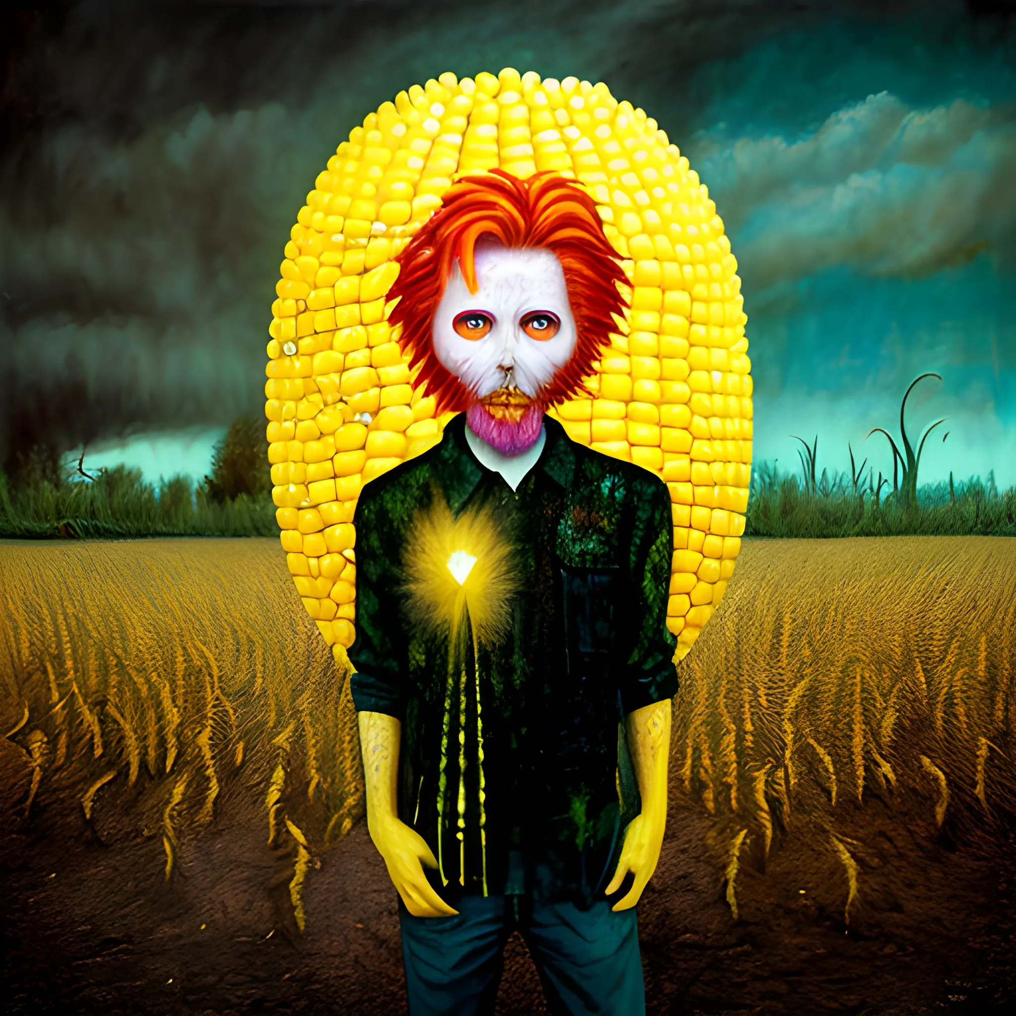  Masterpiece, scenic;  redhead Courtney Gains; neon spray paint, acrylic paint, fantastical surrealist world, corn cob, yellow corn; in the style of Stephen Gammell and Shawn Coss