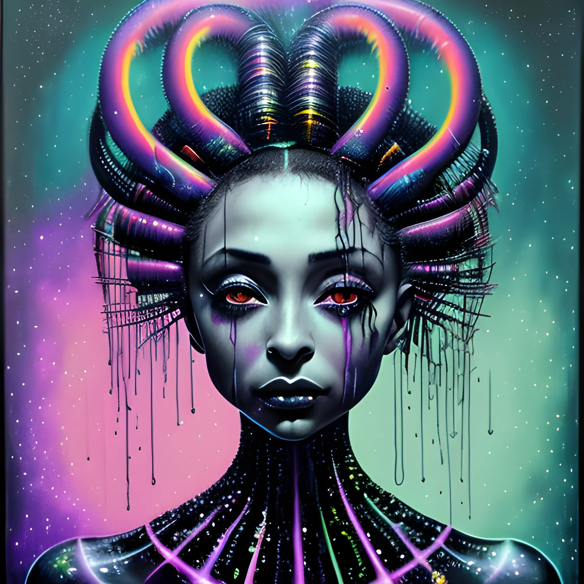  Masterpiece, scenic; Sade Adu; neon spray paint, acrylic paint, fantastical surrealist world, in the style of Stephen Gammell and Shawn Coss, extremely detailed, sick, gothic, eldritch; extreme neon color, stars, glitter, sparkles