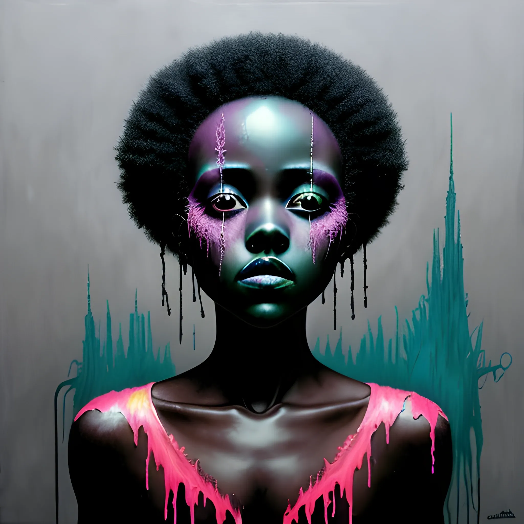  Masterpiece, scenic; Lupita Nyong'o; neon spray paint, acrylic paint, fantastical surrealist world, in the style of Stephen Gammell and Shawn Coss, extremely detailed, sick, gothic, eldritch