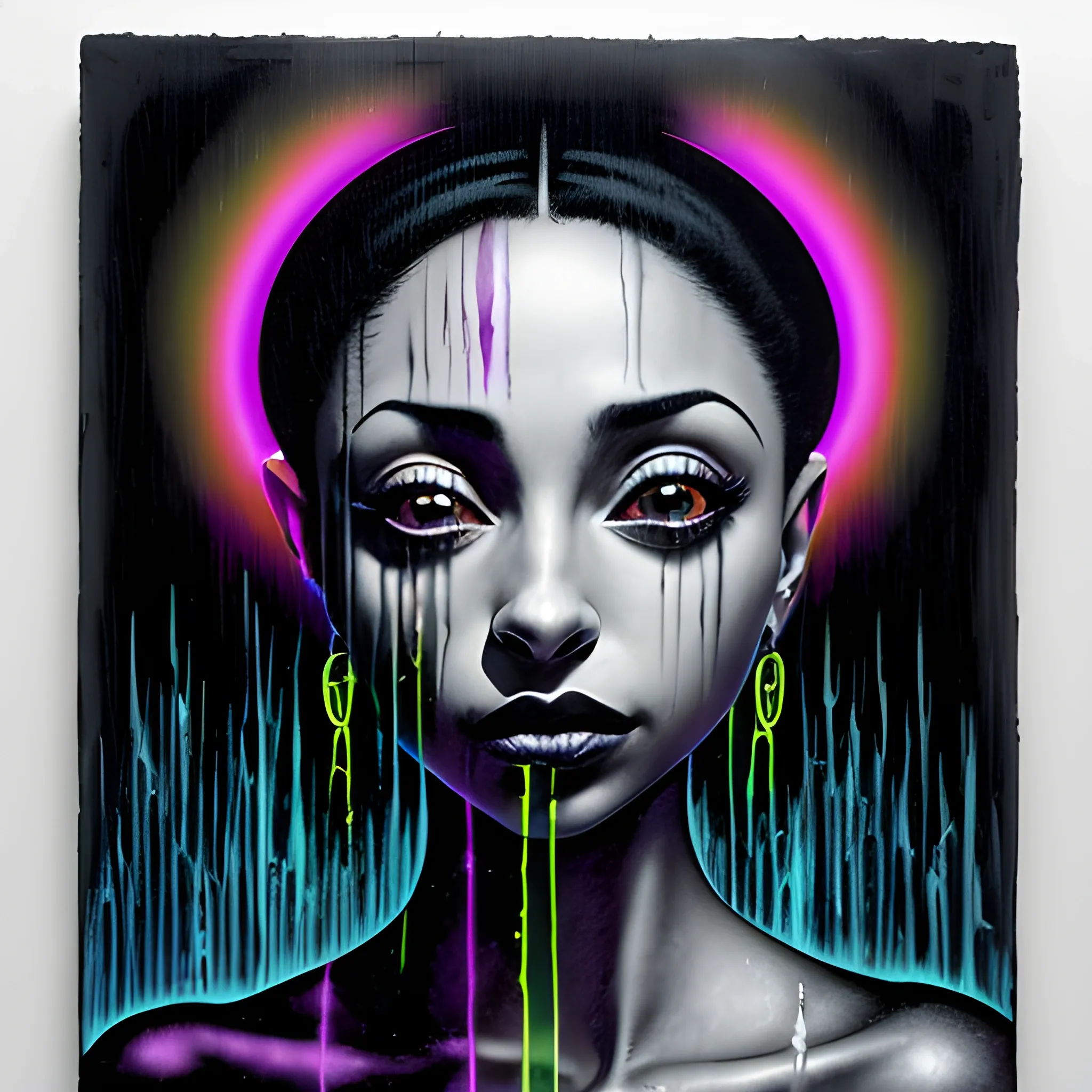  Masterpiece, scenic; Sade Adu; neon spray paint, acrylic paint, fantastical surrealist world, in the style of Stephen Gammell and Shawn Coss, extremely detailed, sick, gothic, eldritch; neon nights