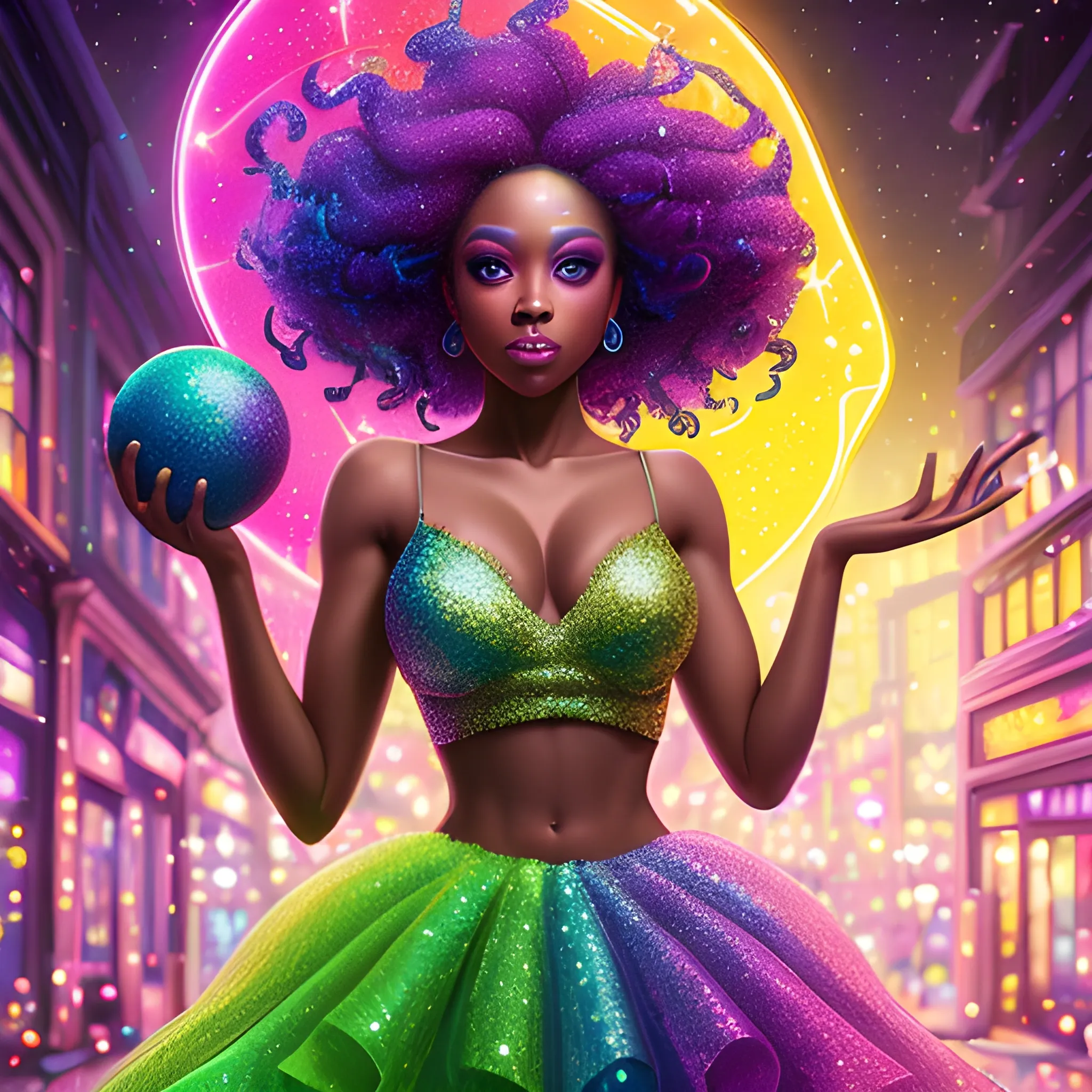 Charlotte Ayanna, perfect, anatomically correct perfect body, highly detailed beautiful face, green midriff dress, meticulously detailed multi-hued long dark curly hair, holding a purple ball in her hand; digital painting, smooth, sharp focus, colorful illustration, art by Lisa Frank, James R. Eads, artgerm and Maxfield Parrish; luminous color sparkles, glitter, neon, airbrush, Unreal Engine 5, Fausto-Giurescu, Tania Rivilis, Dan Mumford; luminous colorful sparkles, glitter, airbrush, depth of field, volumetric lighting, downtown