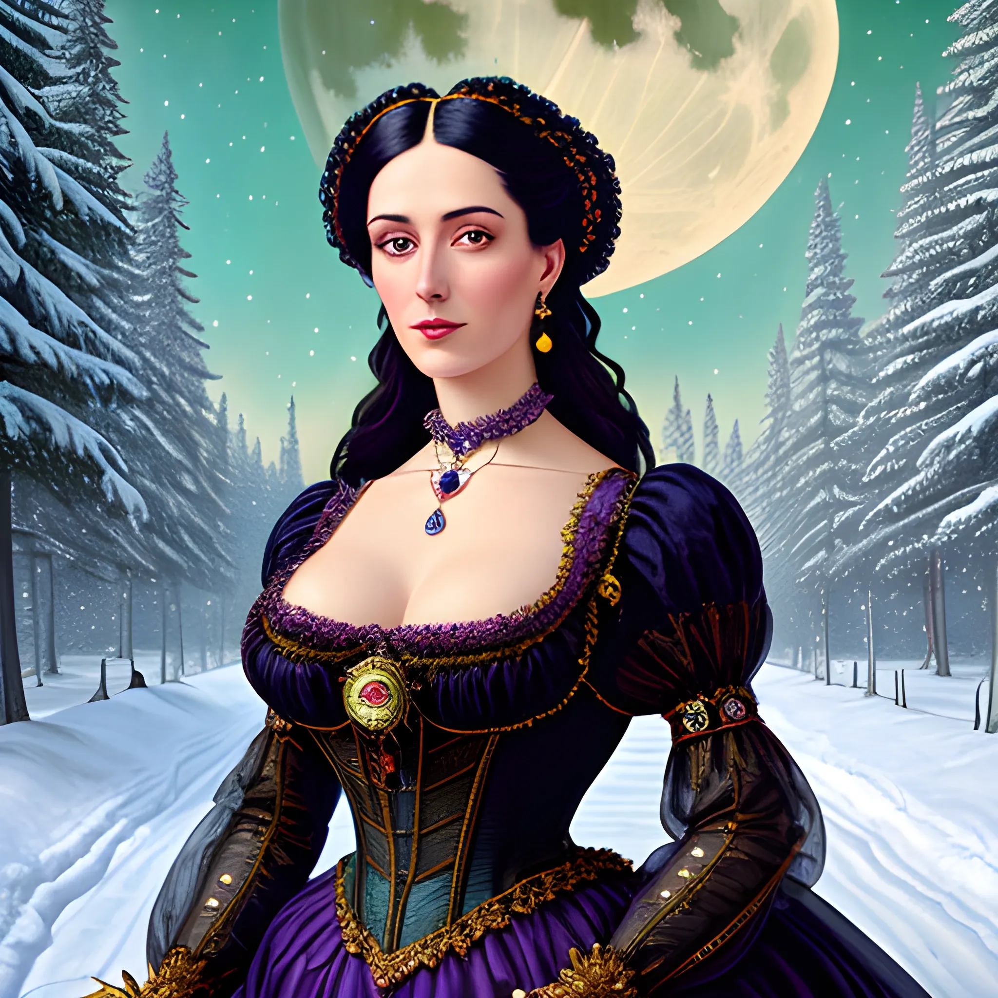 Lilac Princess, full body shot; beautiful woman wears a lavender sequined dress. She has long, sleek black hair, and stands in front of snow-covered pine trees and an icy river. Her features are symmetrical, lovely, and anatomically correct. She wears amethyst jewelry. Lips are soft, in a slight smile; behind her a cityscape, and full smooth moon in a nebula sky, clouds; fantasy, Vintage Art, 16k resolution, intricately detailed, Renaissance, Chromolithography Soft Shading; ethereal fantasy, realistic oil painting. Victorian era, glitter, old fashioned, vintage, antique, renaissance, gothic, eldritch, highly intricate, sophisticated and complex digital painting, concept art, hyperrealism, Cinema 4D, 8k resolution, 64 megapixels, CGSociety, ZBrushCentral, behance HD, hypermaximalist, parallax
