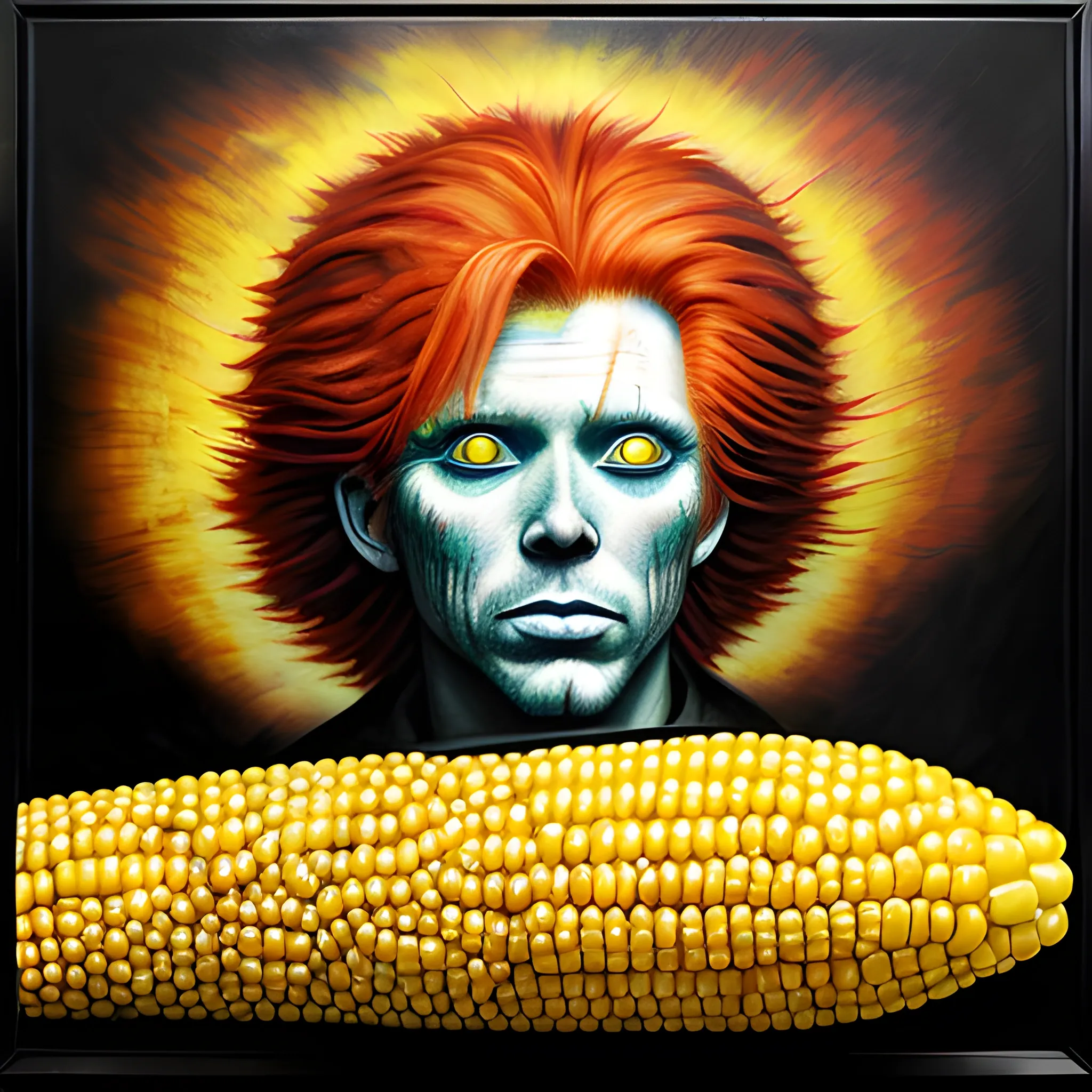  Masterpiece, scenic;  redhead Courtney Gains; neon spray paint, acrylic paint, fantastical surrealist world, corn cob, yellow corn; in the style of Stephen Gammell and Shawn Coss