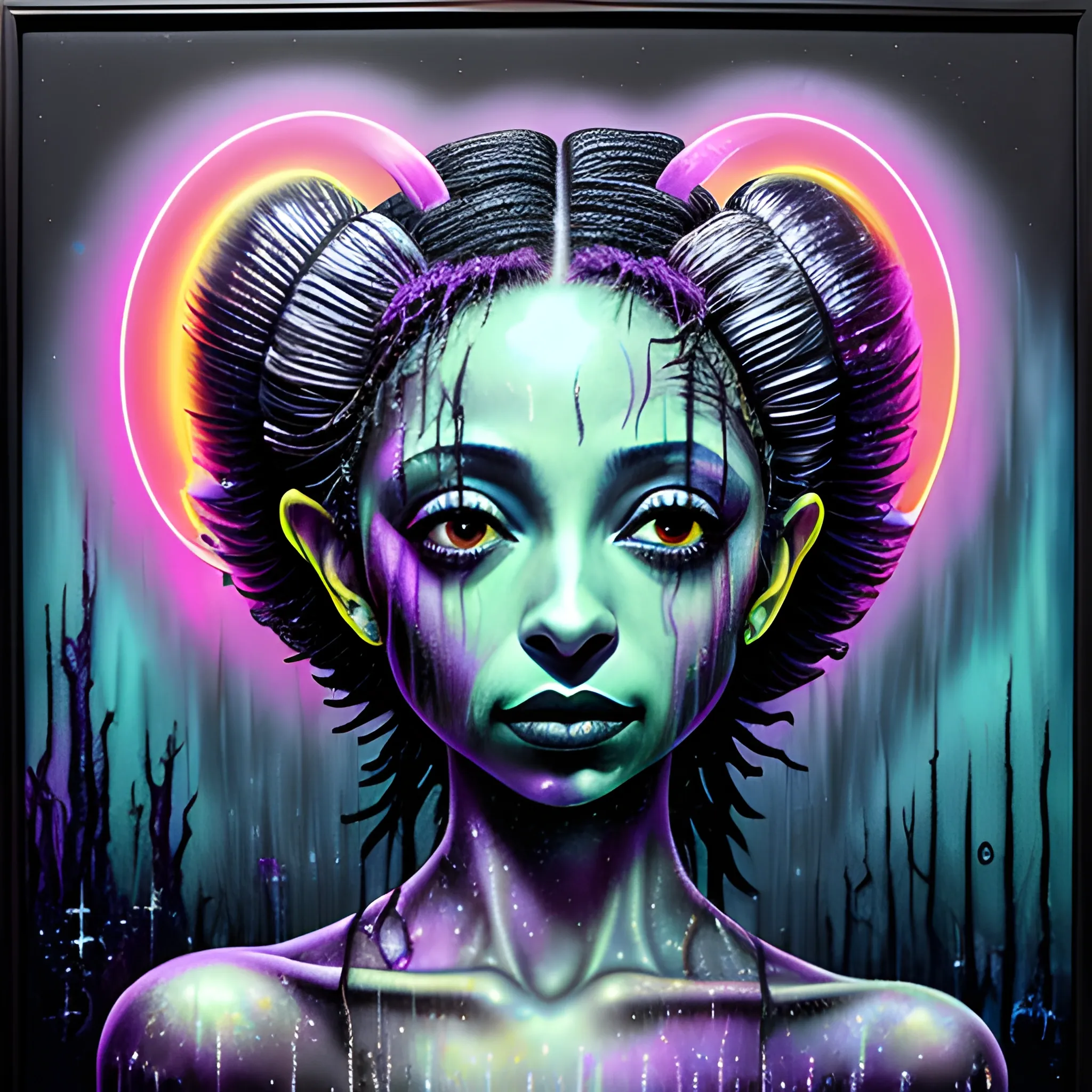  Masterpiece, scenic; Sade Adu; neon spray paint, acrylic paint, fantastical surrealist world, in the style of Stephen Gammell and Shawn Coss, extremely detailed, sick, gothic, eldritch; extreme neon color, stars, glitter, sparkles