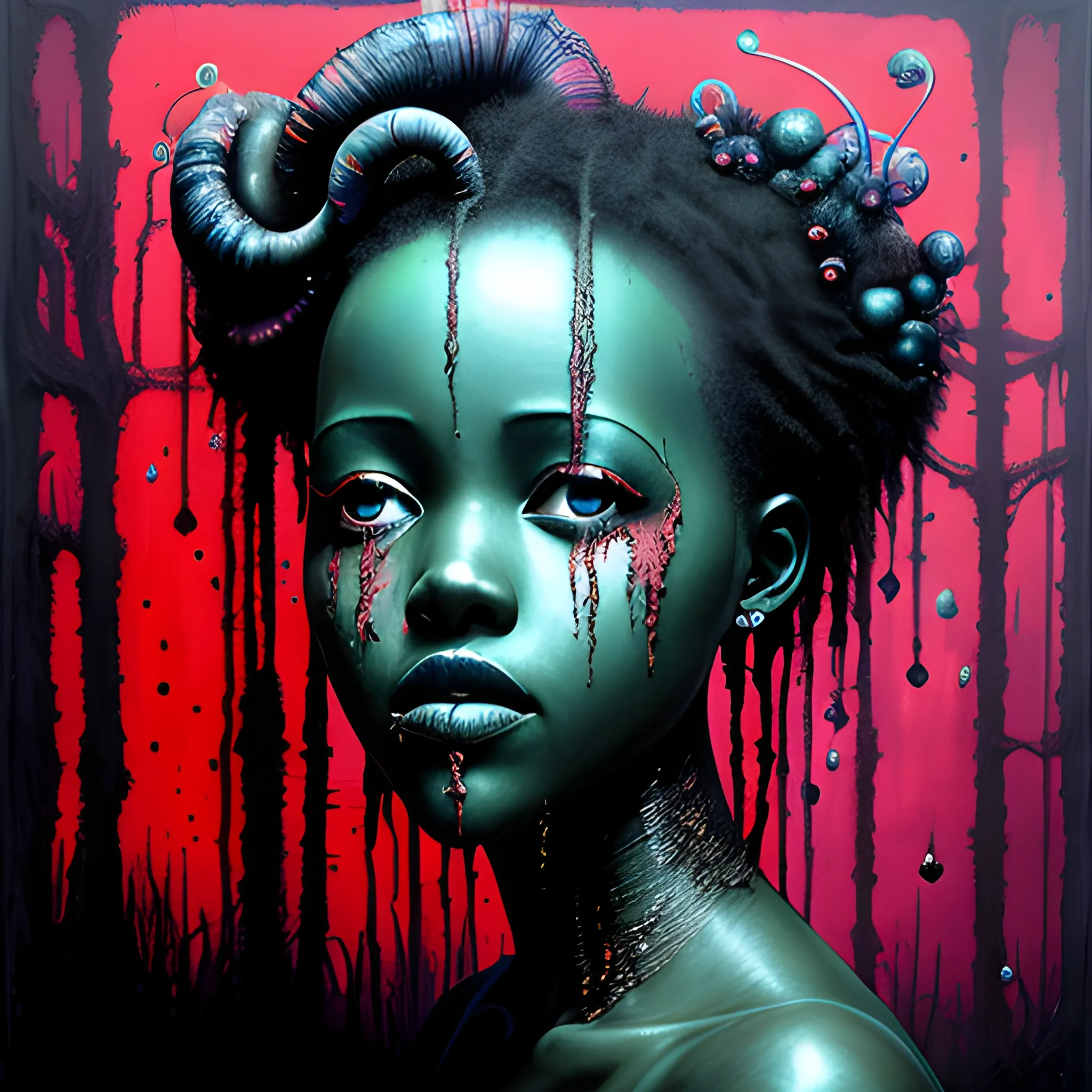  Masterpiece, scenic; Lupita Nyong'o; neon spray paint, acrylic paint, fantastical surrealist world, in the style of Stephen Gammell and Shawn Coss, extremely detailed, sick, gothic, eldritch