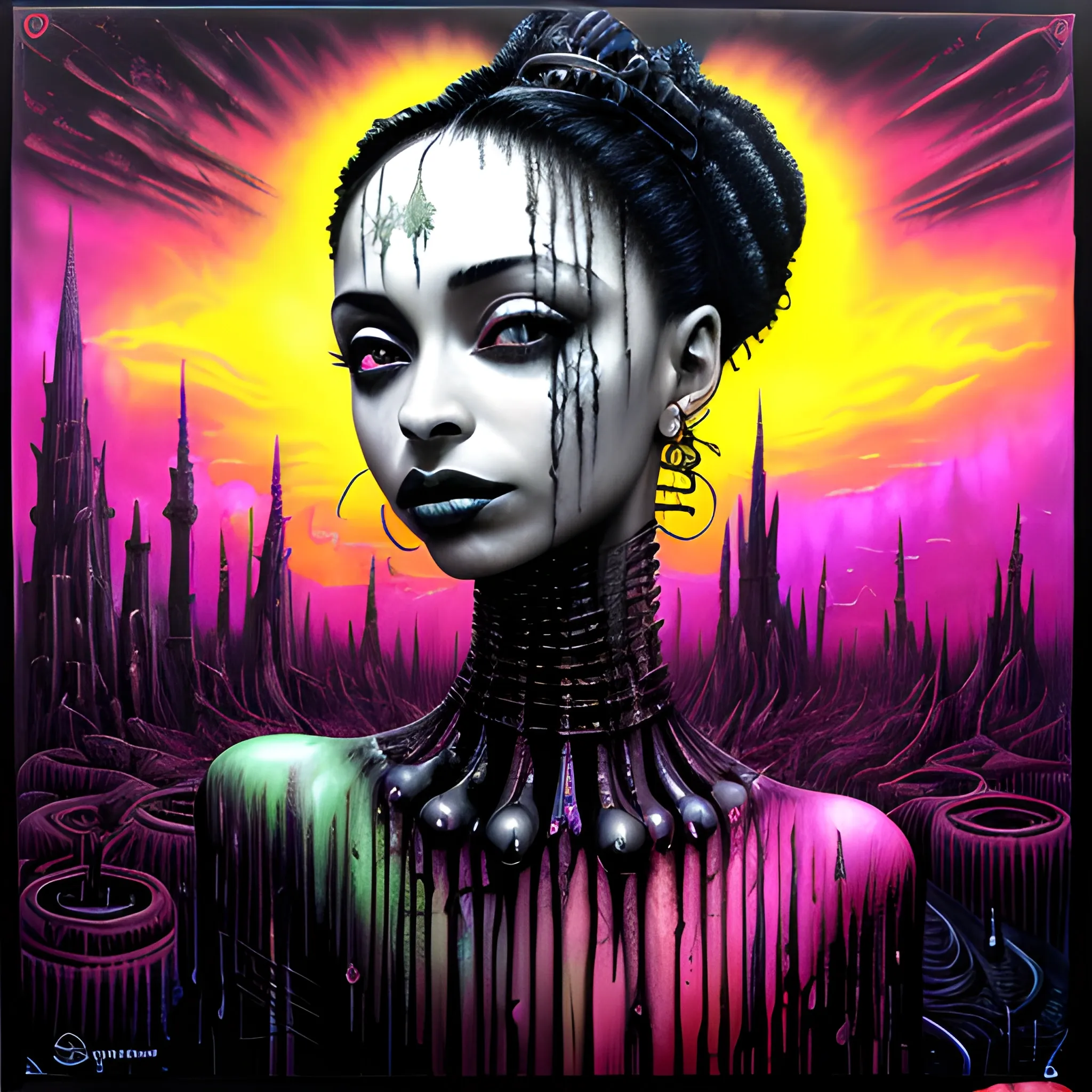  Masterpiece, scenic; Sade Adu; neon spray paint, acrylic paint, fantastical surrealist world, in the style of Stephen Gammell and Shawn Coss, extremely detailed, sick, gothic, eldritch; neon nights