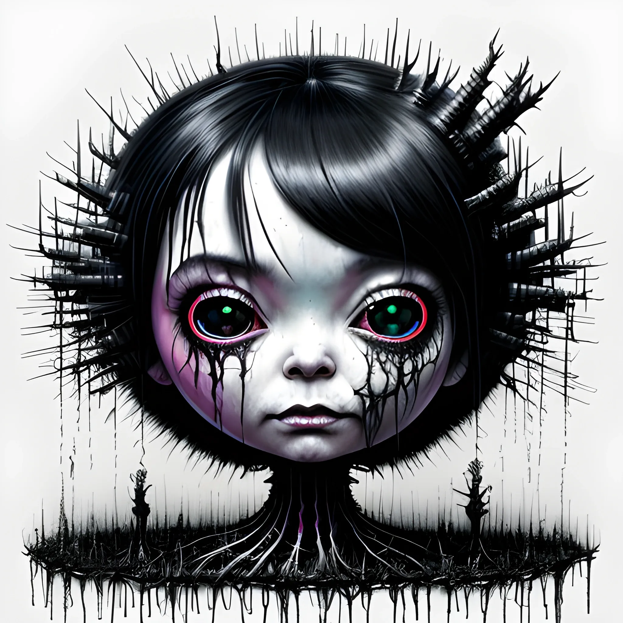  Masterpiece, scenic; Bjork; neon spray paint, acrylic paint, fantastical surrealist world, in the style of Stephen Gammell and Shawn Coss, extremely detailed, sick, gothic, eldritch: chibi kawaii