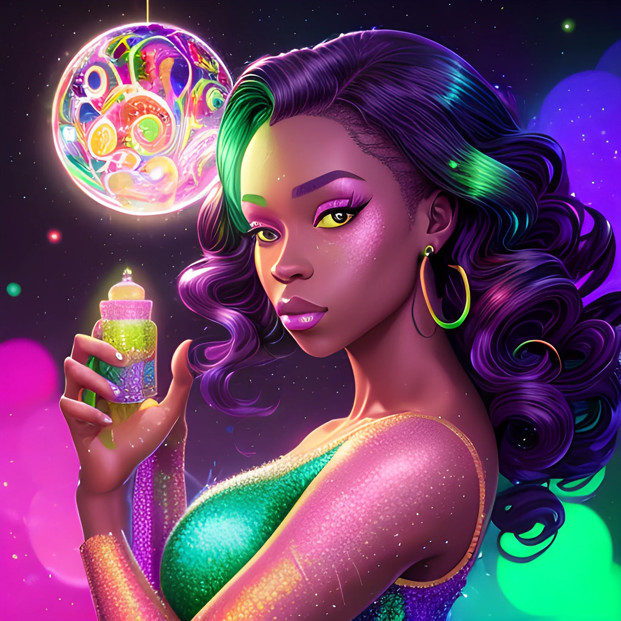 Charlotte Ayanna, perfect, anatomically correct perfect body, highly detailed beautiful face, green midriff dress, meticulously detailed multi-hued long dark curly hair, holding a purple ball in her hand; digital painting, smooth, sharp focus, colorful illustration, art by Lisa Frank, James R. Eads, artgerm and Maxfield Parrish; luminous color sparkles, glitter, neon, airbrush, Unreal Engine 5, Fausto-Giurescu, Tania Rivilis, Dan Mumford; luminous colorful sparkles, glitter, airbrush, depth of field, volumetric lighting, downtown