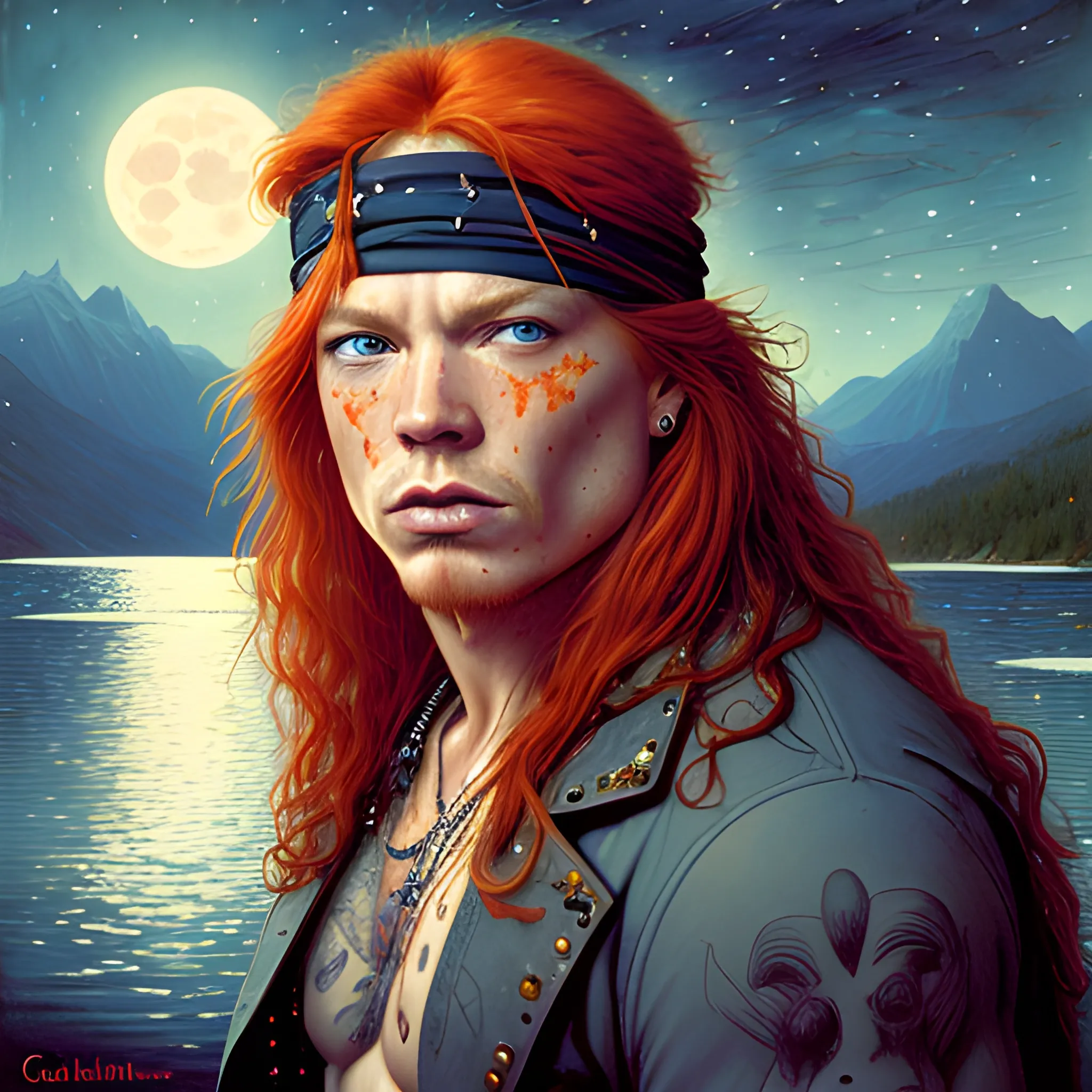 Axl Rose, long red hair, chiseled, handsome highly detailed symm ...