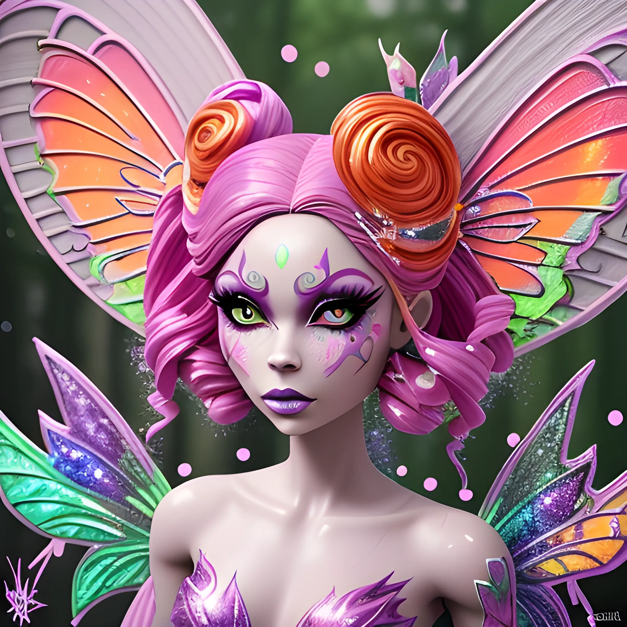  Mythical Fairy: monster High doll: vines: woman: fairy wings: forest: nature: orange and pink: detailed: glitter, airbrush, luminous color sparkles; graffiti art, splash art, street art, spray paint, oil gouache melting, acrylic, high contrast, colorful polychromatic, ultra detailed, ultra quality, CGSociety, 3D; hyperdetailed face of Rosie Perez