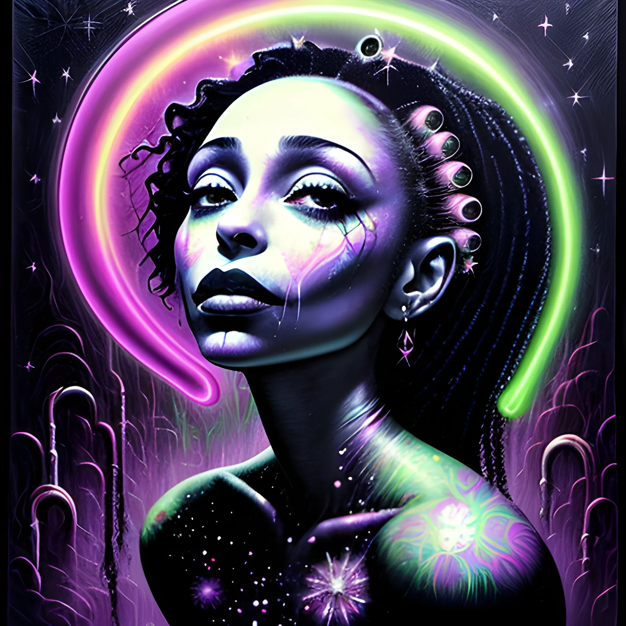  Masterpiece, scenic; Sade Adu; neon spray paint, acrylic paint, fantastical surrealist world, in the style of Stephen Gammell and Shawn Coss, extremely detailed, sick, gothic, eldritch; extreme neon color, stars, glitter, sparkles