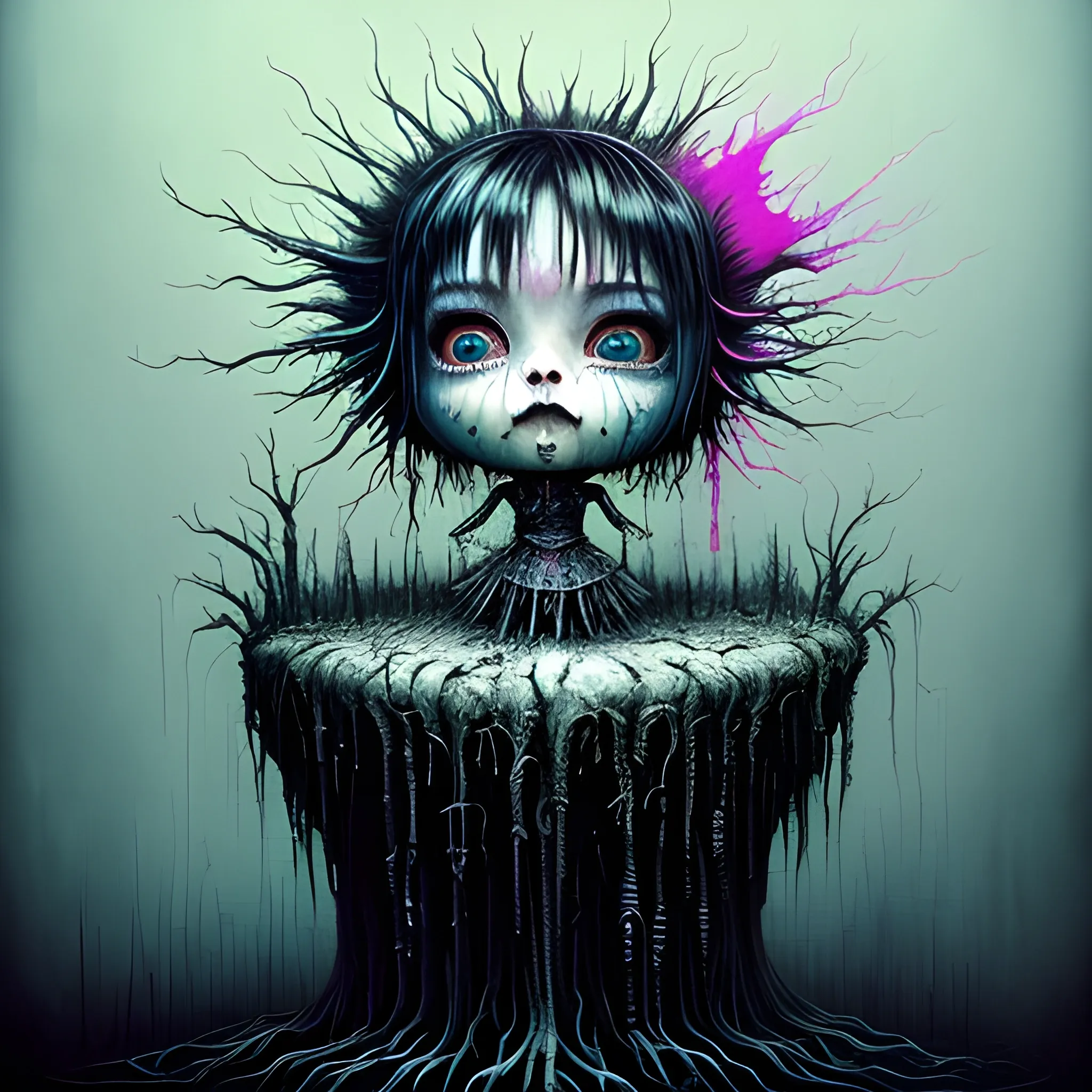  Masterpiece, scenic; Bjork; neon spray paint, acrylic paint, fantastical surrealist world, in the style of Stephen Gammell and Shawn Coss, extremely detailed, sick, gothic, eldritch: chibi kawaii