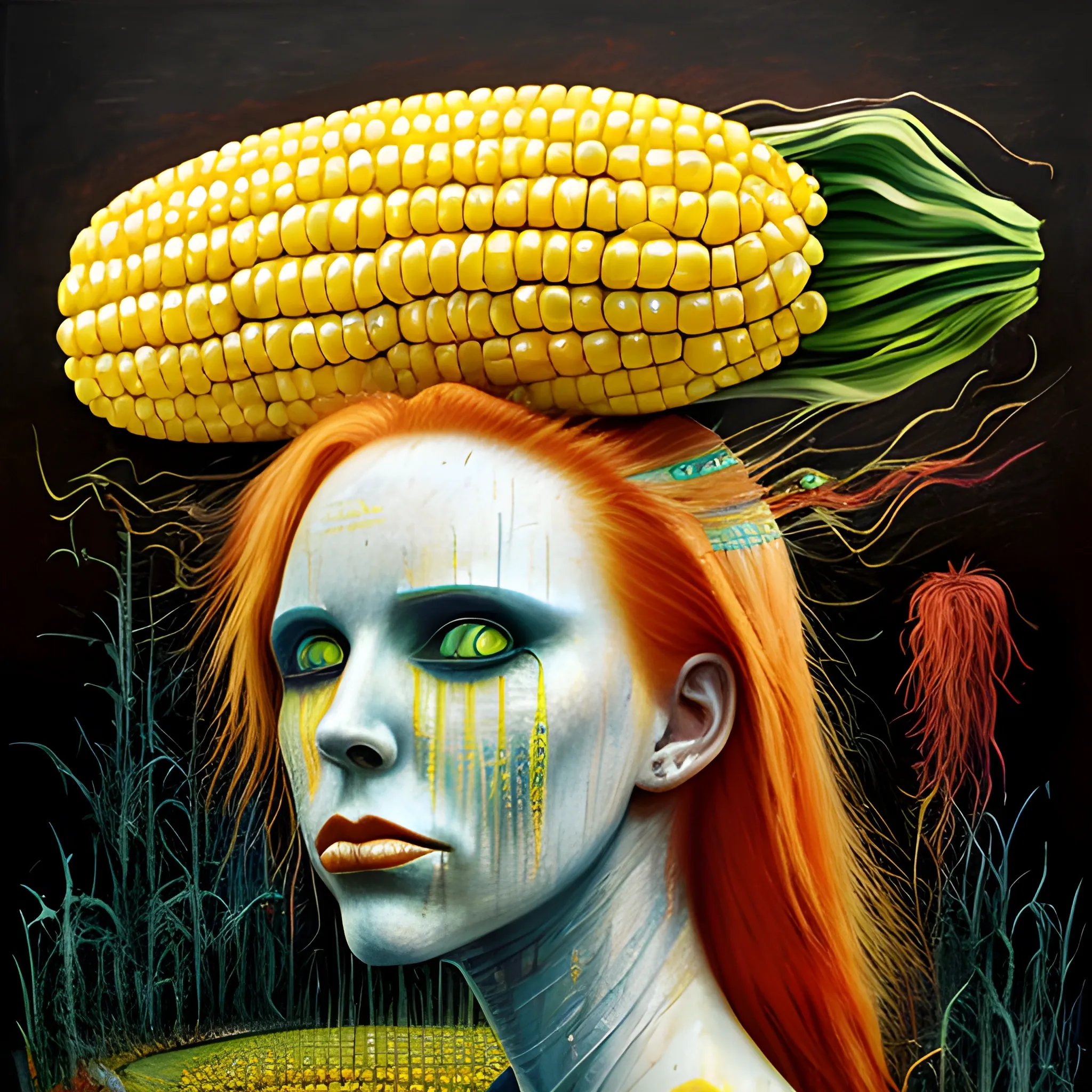  Masterpiece, scenic;  redhead Courtney Gains; neon spray paint, acrylic paint, fantastical surrealist world, corn cob, yellow corn; in the style of Stephen Gammell and Shawn Coss