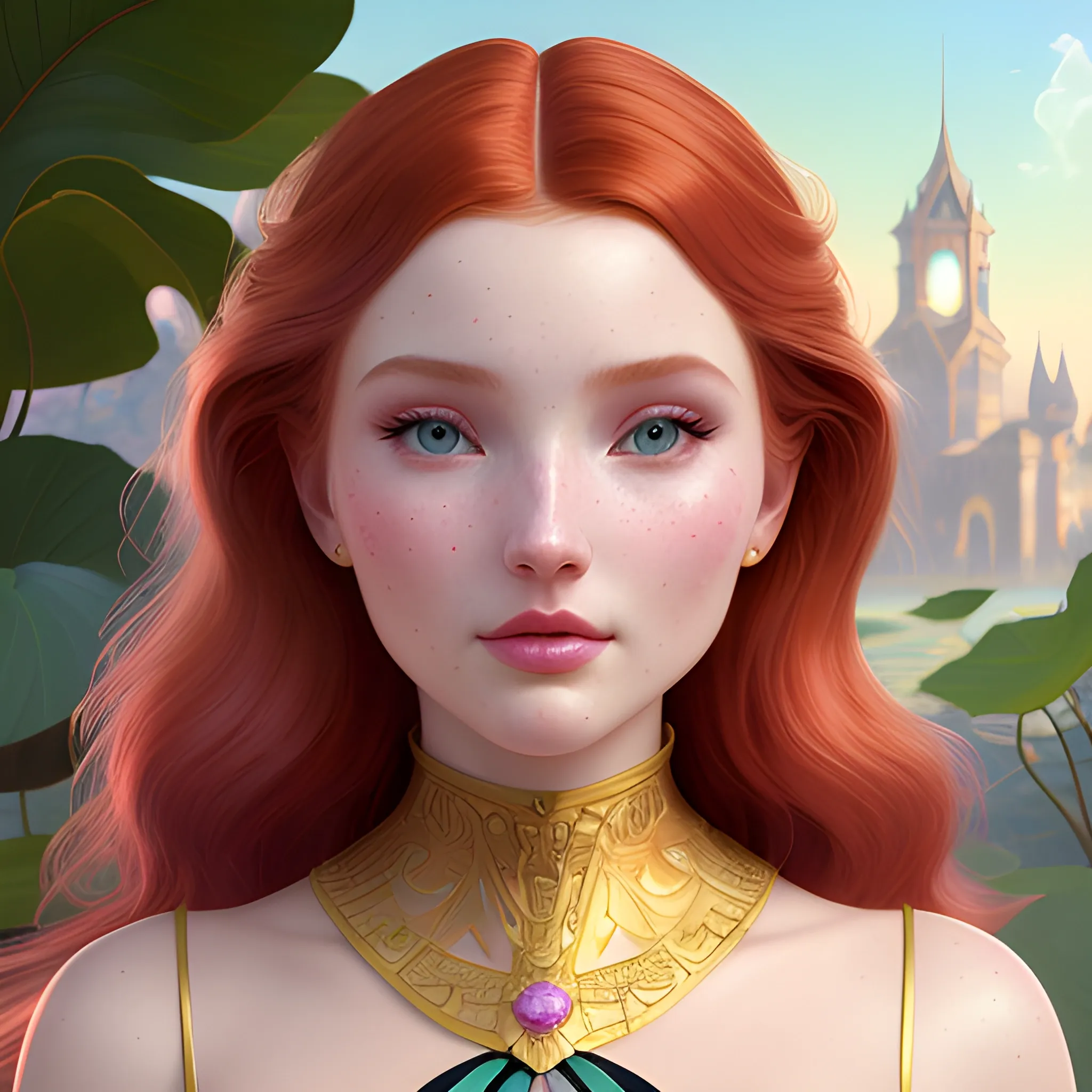 Elsa Hosk / Dove Cameron face morph; beautiful twins at a lotus pond; red hair, gold-hazel eyes; highly detailed beautiful faces; glitter, renaissance; high contrast, pastel, sorbet, pearlescent, Unreal Engine 5; by Dan Parent, Alphonse Mucha, Artgerm, WLOP, intricately detailed, fantasy, bizarre, beautiful, Chromolithography, Soft Shading, Unreal Engine; digital painting, smooth, sharp focus, illustration, art by lisa frank, Steve Goad, Frank Frazetta, William-Adolphe Bouguereau, Unreal Engine 5, Cartoon, 3D, Oil Painting; dark red hair