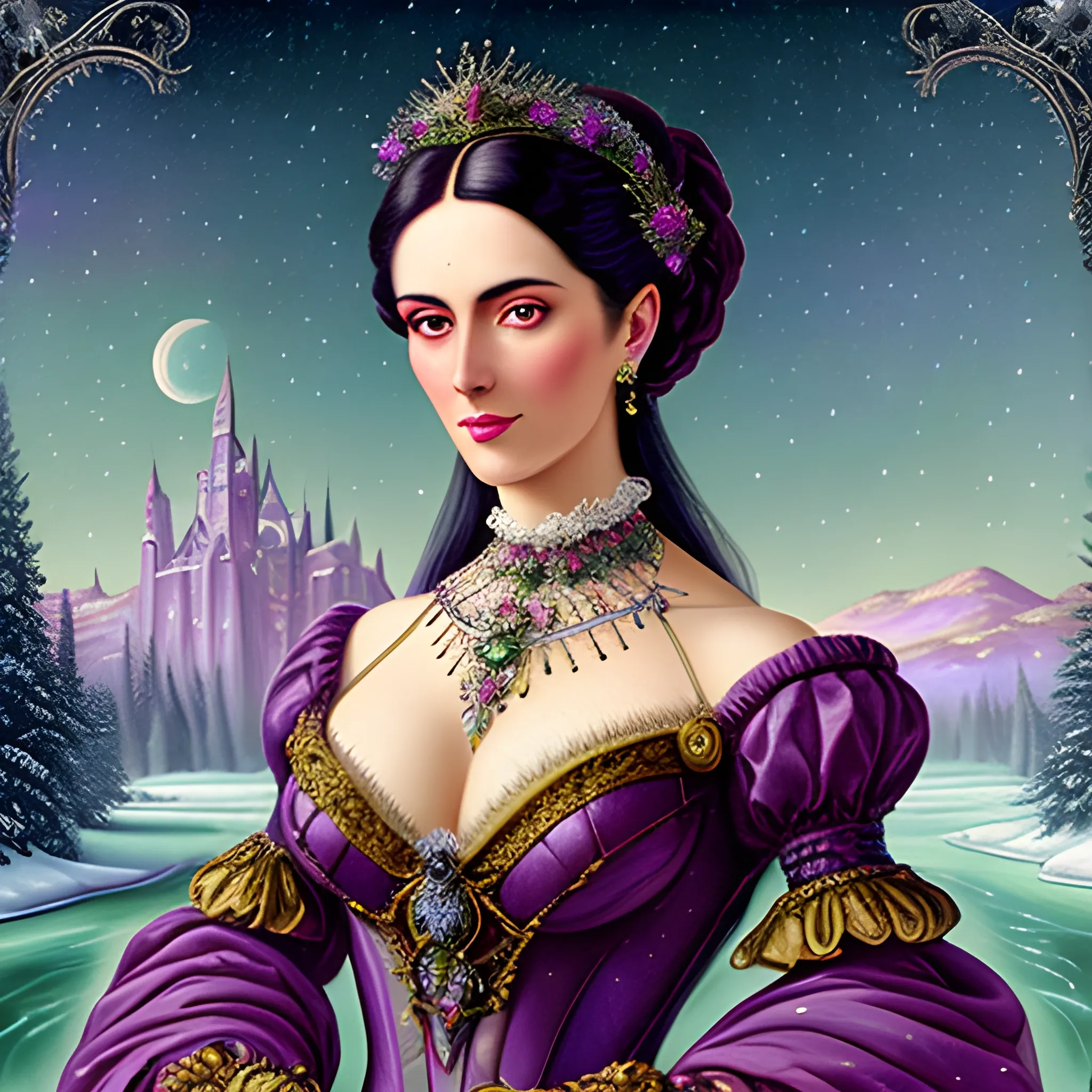 Lilac Princess, full body shot; beautiful woman wears a lavender sequined dress. She has long, sleek black hair, and stands in front of snow-covered pine trees and an icy river. Her features are symmetrical, lovely, and anatomically correct. She wears amethyst jewelry. Lips are soft, in a slight smile; behind her a cityscape, and full smooth moon in a nebula sky, clouds; fantasy, Vintage Art, 16k resolution, intricately detailed, Renaissance, Chromolithography Soft Shading; ethereal fantasy, realistic oil painting. Victorian era, glitter, old fashioned, vintage, antique, renaissance, gothic, eldritch, highly intricate, sophisticated and complex digital painting, concept art, hyperrealism, Cinema 4D, 8k resolution, 64 megapixels, CGSociety, ZBrushCentral, behance HD, hypermaximalist, parallax
