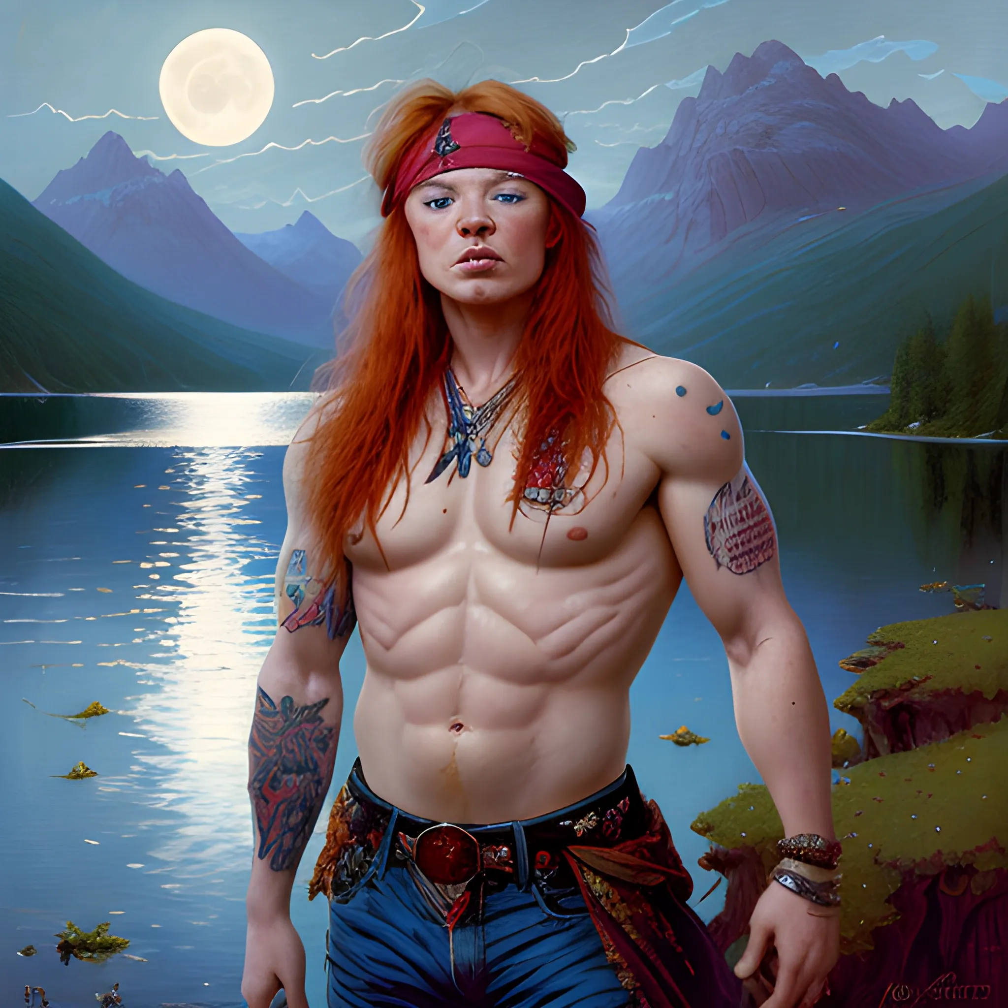 Axl Rose, long red hair, chiseled, handsome highly detailed symmetrical face, freckles, perfect face, hyperdetailed eyes and an athletic, long, lean masculine body, under a painted neblua sky, full moon; by a lake, mountains; spooky ambiance, by gaston bussiere, craig mullins, j. c. leyendecker