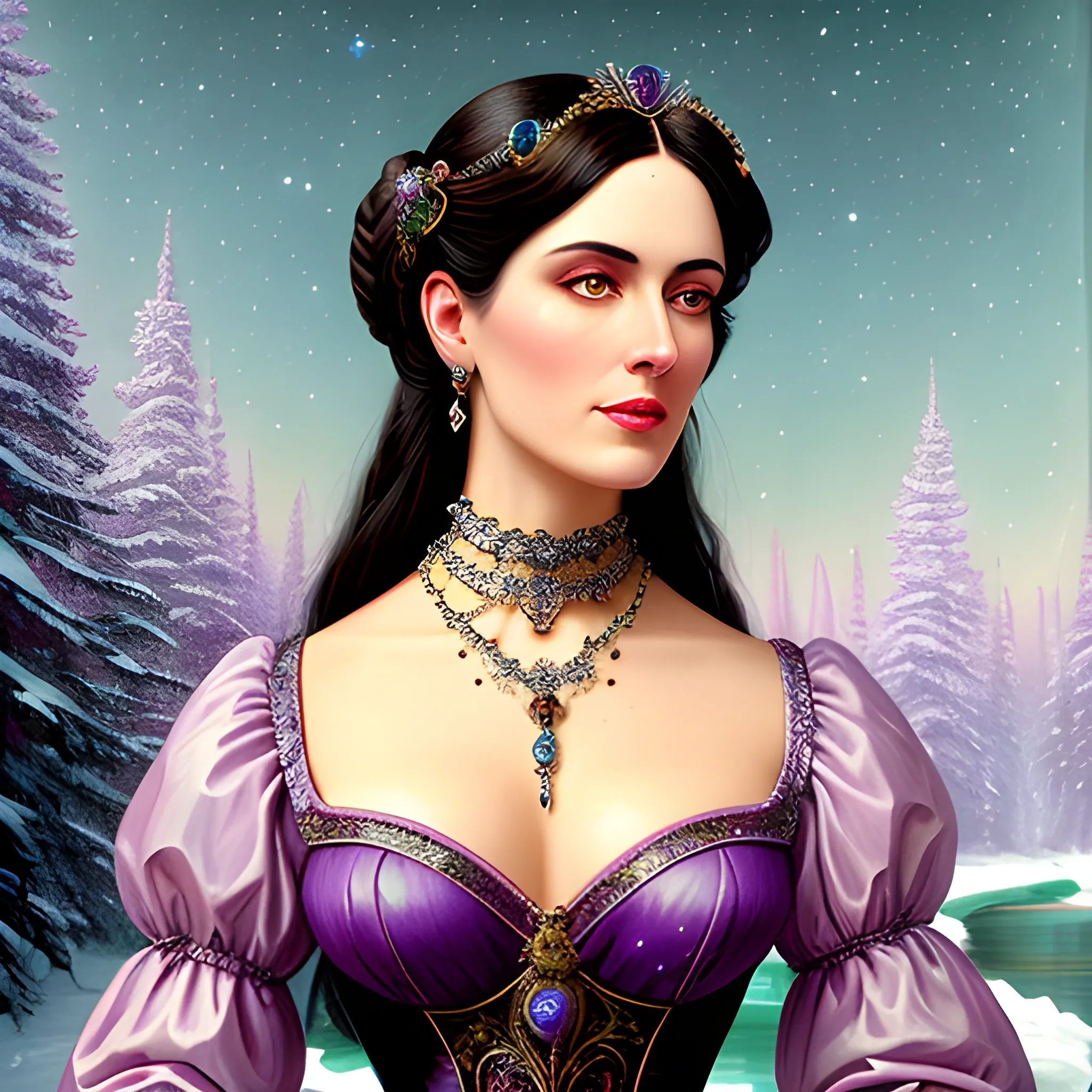 Lilac Princess, full body shot; beautiful woman wears a lavender sequined dress. She has long, sleek black hair, and stands in front of snow-covered pine trees and an icy river. Her features are symmetrical, lovely, and anatomically correct. She wears amethyst jewelry. Lips are soft, in a slight smile; behind her a cityscape, and full smooth moon in a nebula sky, clouds; fantasy, Vintage Art, 16k resolution, intricately detailed, Renaissance, Chromolithography Soft Shading; ethereal fantasy, realistic oil painting. Victorian era, glitter, old fashioned, vintage, antique, renaissance, gothic, eldritch, highly intricate, sophisticated and complex digital painting, concept art, hyperrealism, Cinema 4D, 8k resolution, 64 megapixels, CGSociety, ZBrushCentral, behance HD, hypermaximalist, parallax
