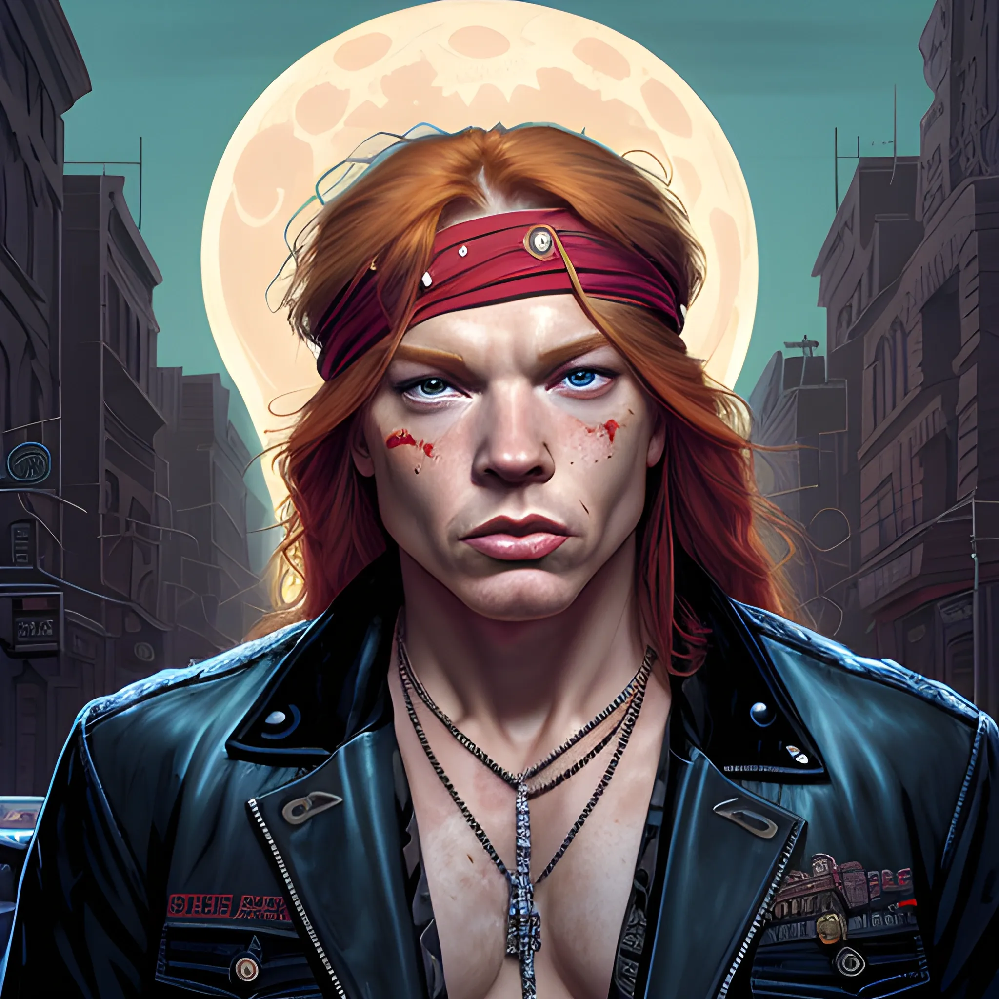 Axl Rose, long red hair, chiseled, handsome highly detailed symmetrical face, freckles, perfect face, hyperdetailed eyes and an athletic, long, lean masculine body, under a painted neblua sky, full moon; downtown, urban decay, neon nights; spooky ambiance, by gaston bussiere, craig mullins, j. c. leyendecker