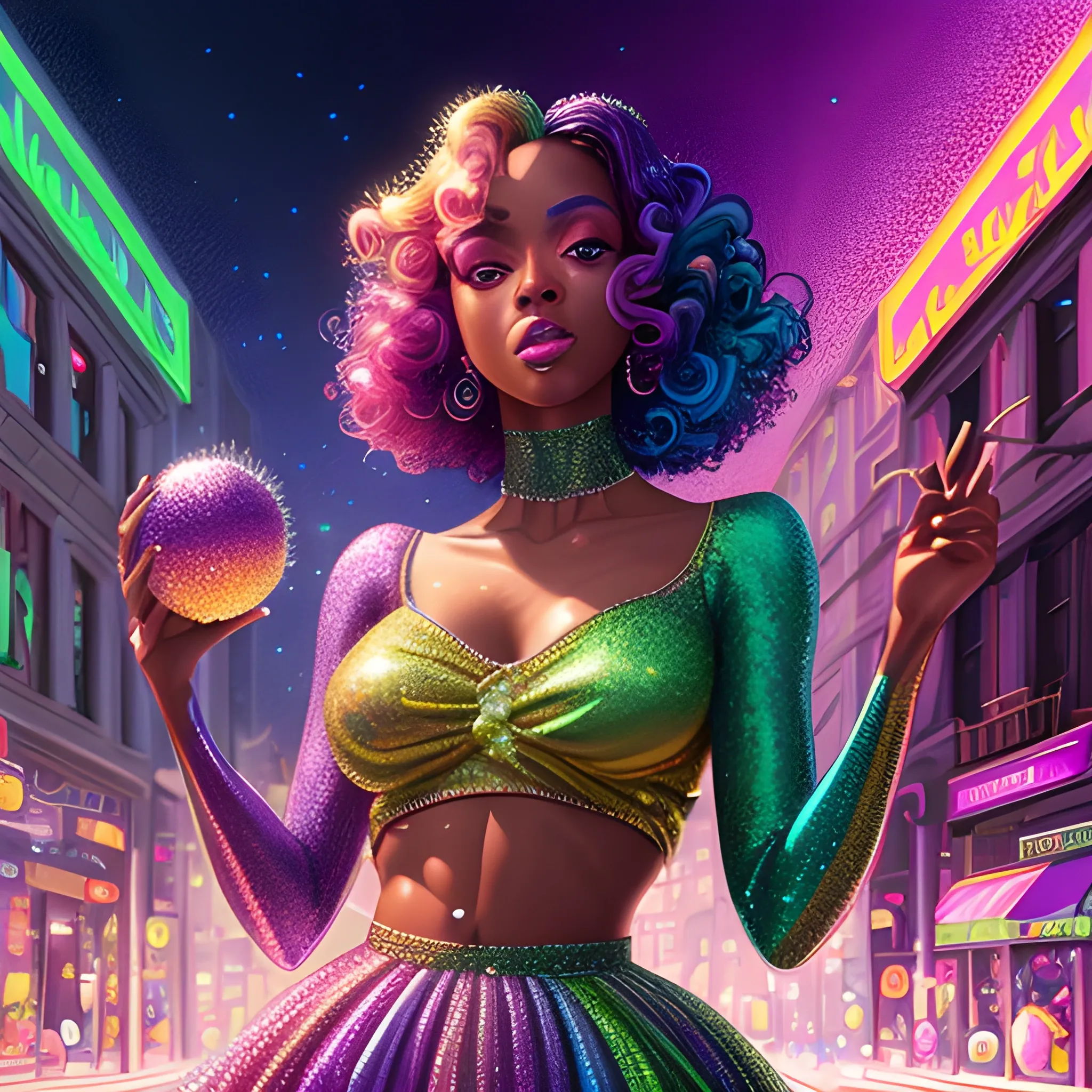 Charlotte Ayanna, perfect, anatomically correct perfect body, highly detailed beautiful face, green midriff dress, meticulously detailed multi-hued long dark curly hair, holding a purple ball in her hand; digital painting, smooth, sharp focus, colorful illustration, art by Lisa Frank, James R. Eads, artgerm and Maxfield Parrish; luminous color sparkles, glitter, neon, airbrush, Unreal Engine 5, Fausto-Giurescu, Tania Rivilis, Dan Mumford; luminous colorful sparkles, glitter, airbrush, depth of field, volumetric lighting, downtown