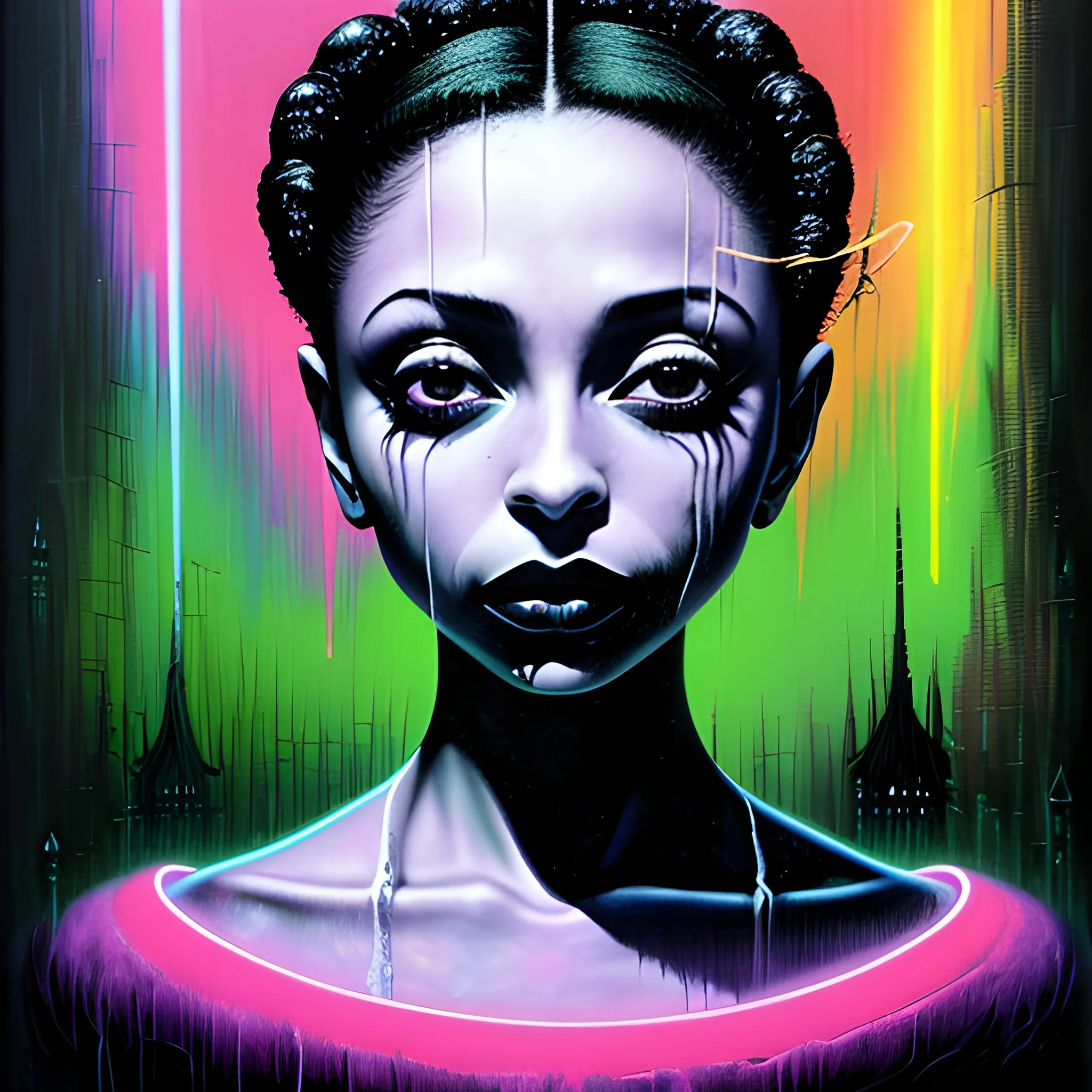  Masterpiece, scenic; Sade Adu; neon spray paint, acrylic paint, fantastical surrealist world, in the style of Stephen Gammell and Shawn Coss, extremely detailed, sick, gothic, eldritch; neon nights