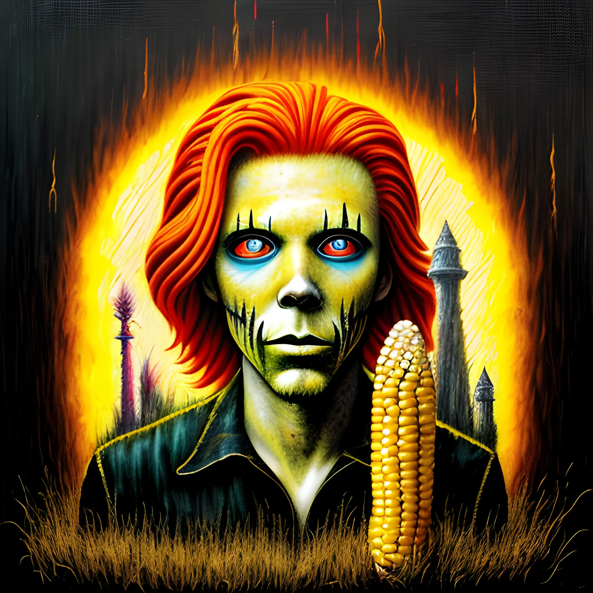  Masterpiece, scenic;  redhead Courtney Gains; neon spray paint, acrylic paint, fantastical surrealist world, corn cob, yellow corn; in the style of Stephen Gammell and Shawn Coss