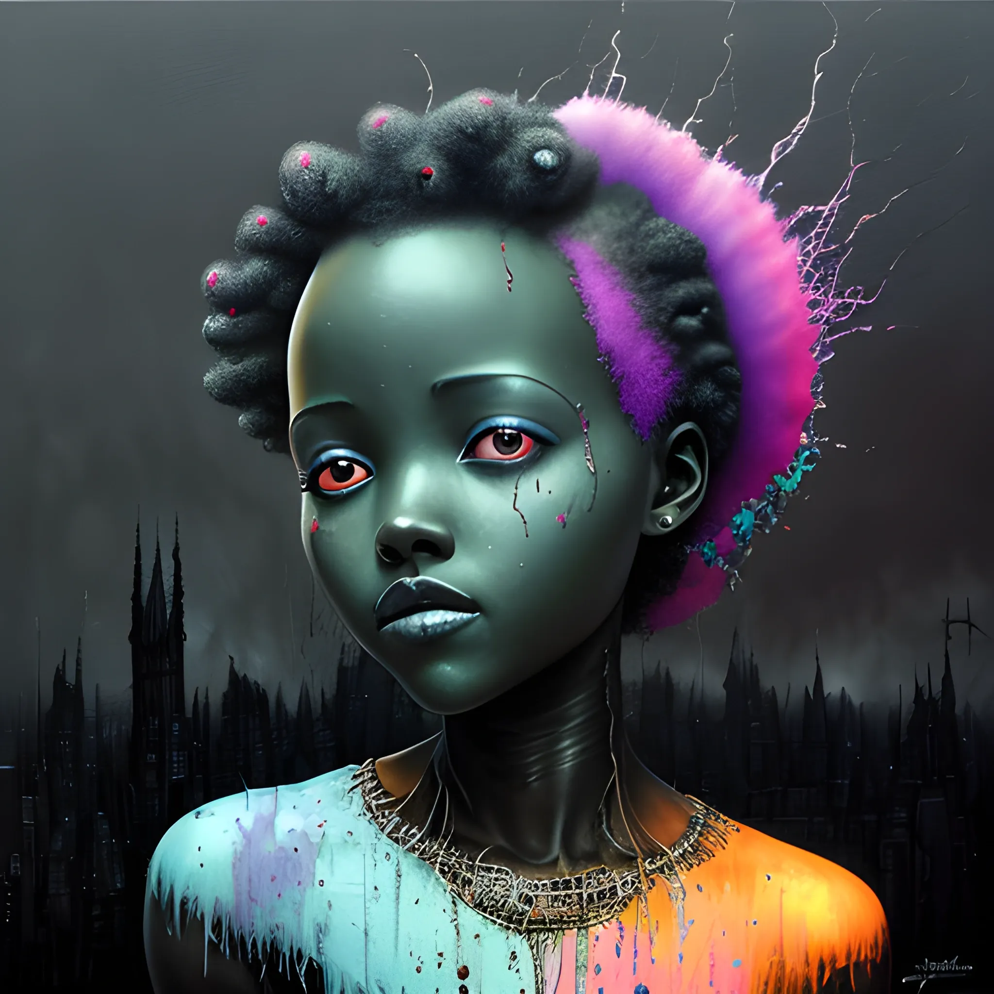  Masterpiece, scenic; Lupita Nyong'o; neon spray paint, acrylic paint, fantastical surrealist world, in the style of Stephen Gammell and Shawn Coss, extremely detailed, sick, gothic, eldritch