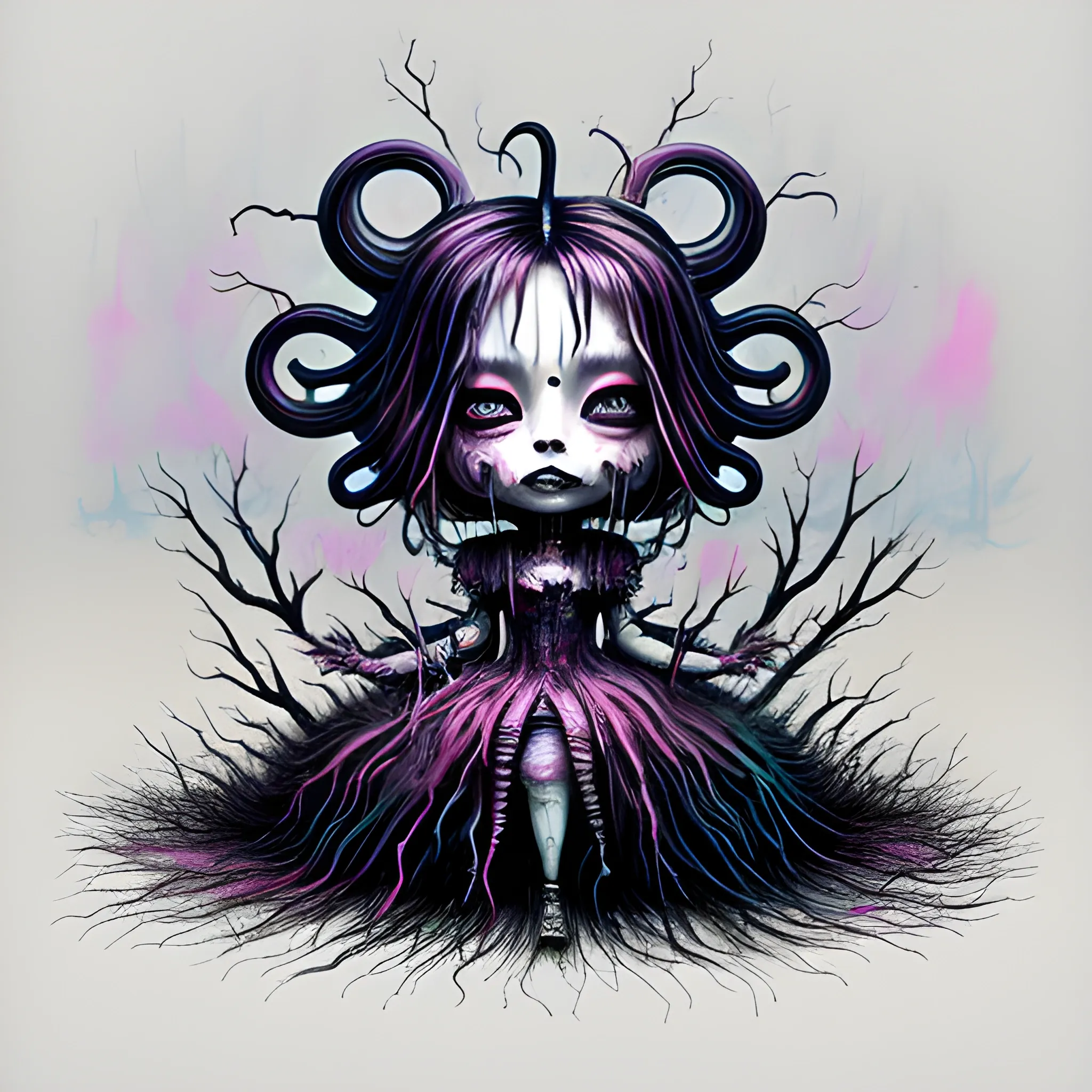  Masterpiece, scenic; Bjork; neon spray paint, acrylic paint, fantastical surrealist world, in the style of Stephen Gammell and Shawn Coss, extremely detailed, sick, gothic, eldritch: chibi kawaii