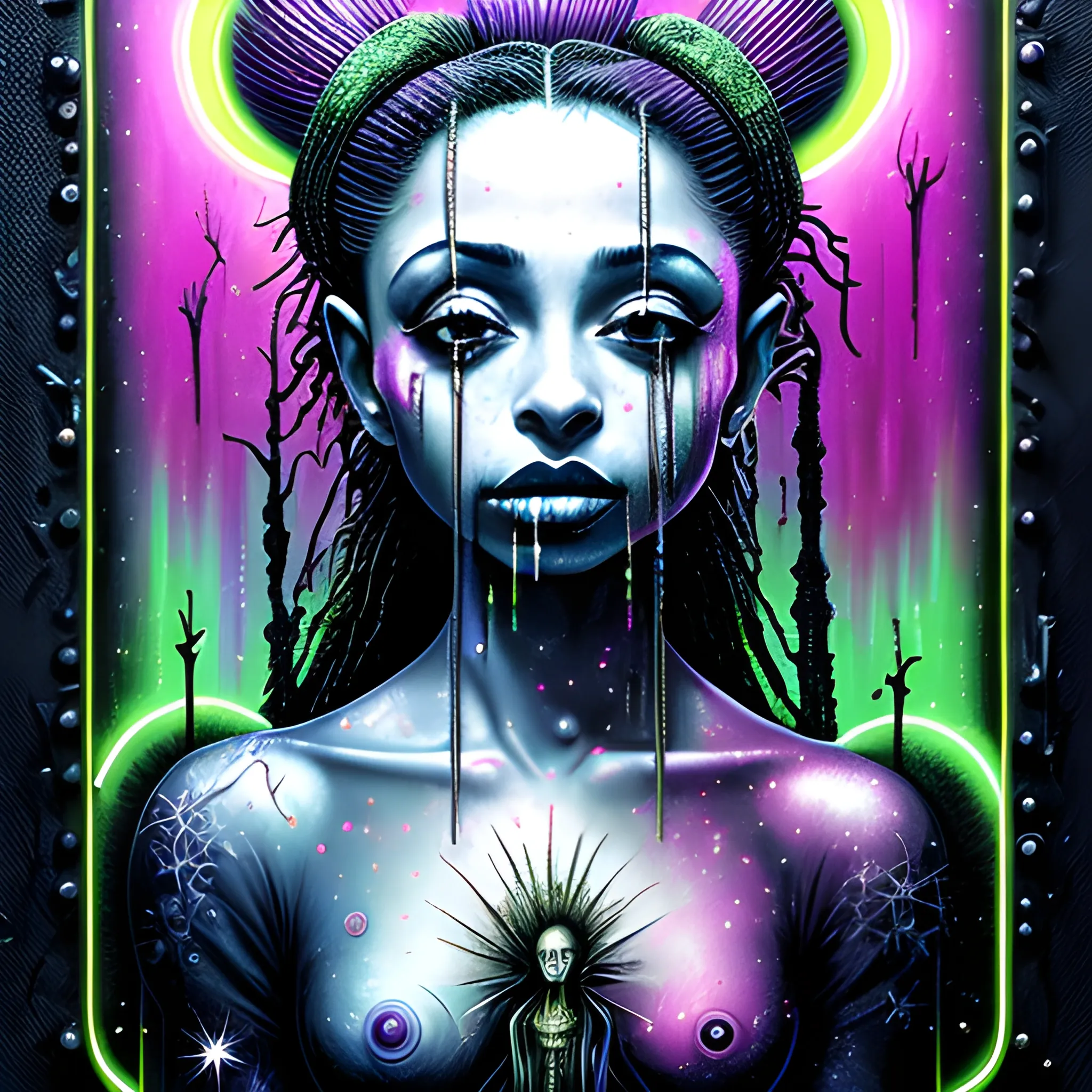  Masterpiece, scenic; Sade Adu; neon spray paint, acrylic paint, fantastical surrealist world, in the style of Stephen Gammell and Shawn Coss, extremely detailed, sick, gothic, eldritch; extreme neon color, stars, glitter, sparkles