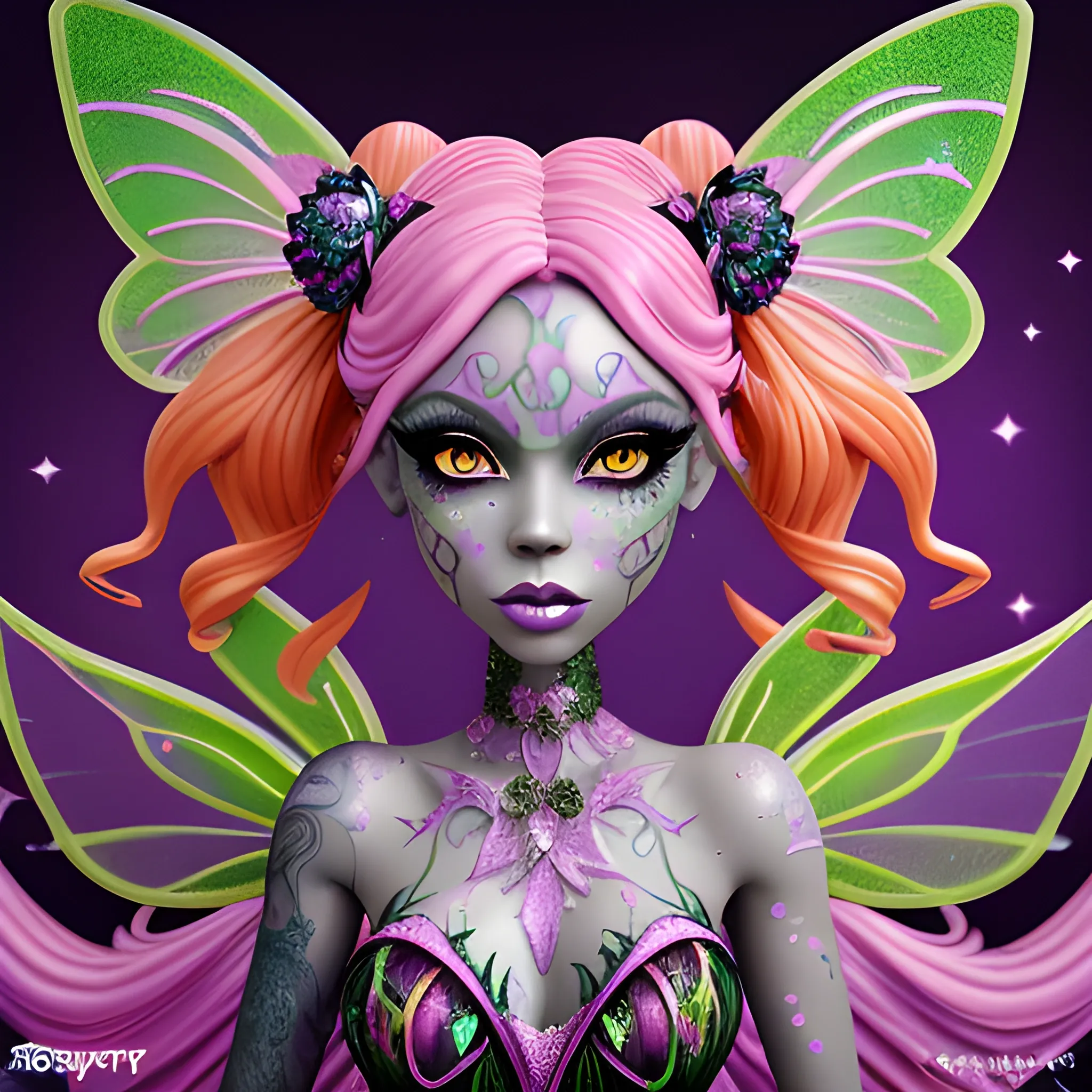  Mythical Fairy: monster High doll: vines: woman: fairy wings: forest: nature: orange and pink: detailed: glitter, airbrush, luminous color sparkles; graffiti art, splash art, street art, spray paint, oil gouache melting, acrylic, high contrast, colorful polychromatic, ultra detailed, ultra quality, CGSociety, 3D; hyperdetailed face of Rosie Perez