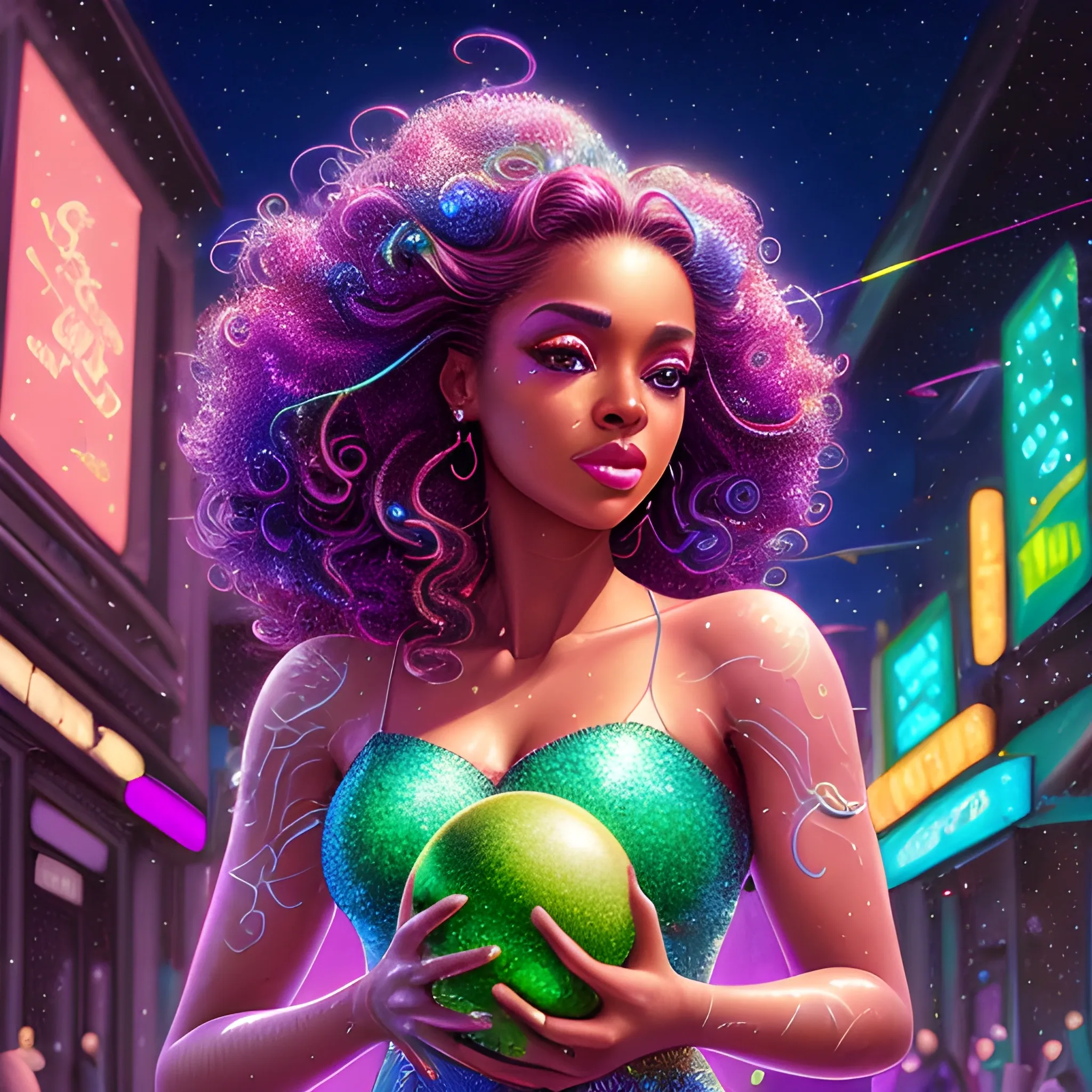 Charlotte Ayanna, perfect, anatomically correct perfect body, highly detailed beautiful face, green midriff dress, meticulously detailed multi-hued long dark curly hair, holding a purple ball in her hand; digital painting, smooth, sharp focus, colorful illustration, art by Lisa Frank, James R. Eads, artgerm and Maxfield Parrish; luminous color sparkles, glitter, neon, airbrush, Unreal Engine 5, Fausto-Giurescu, Tania Rivilis, Dan Mumford; luminous colorful sparkles, glitter, airbrush, depth of field, volumetric lighting, downtown