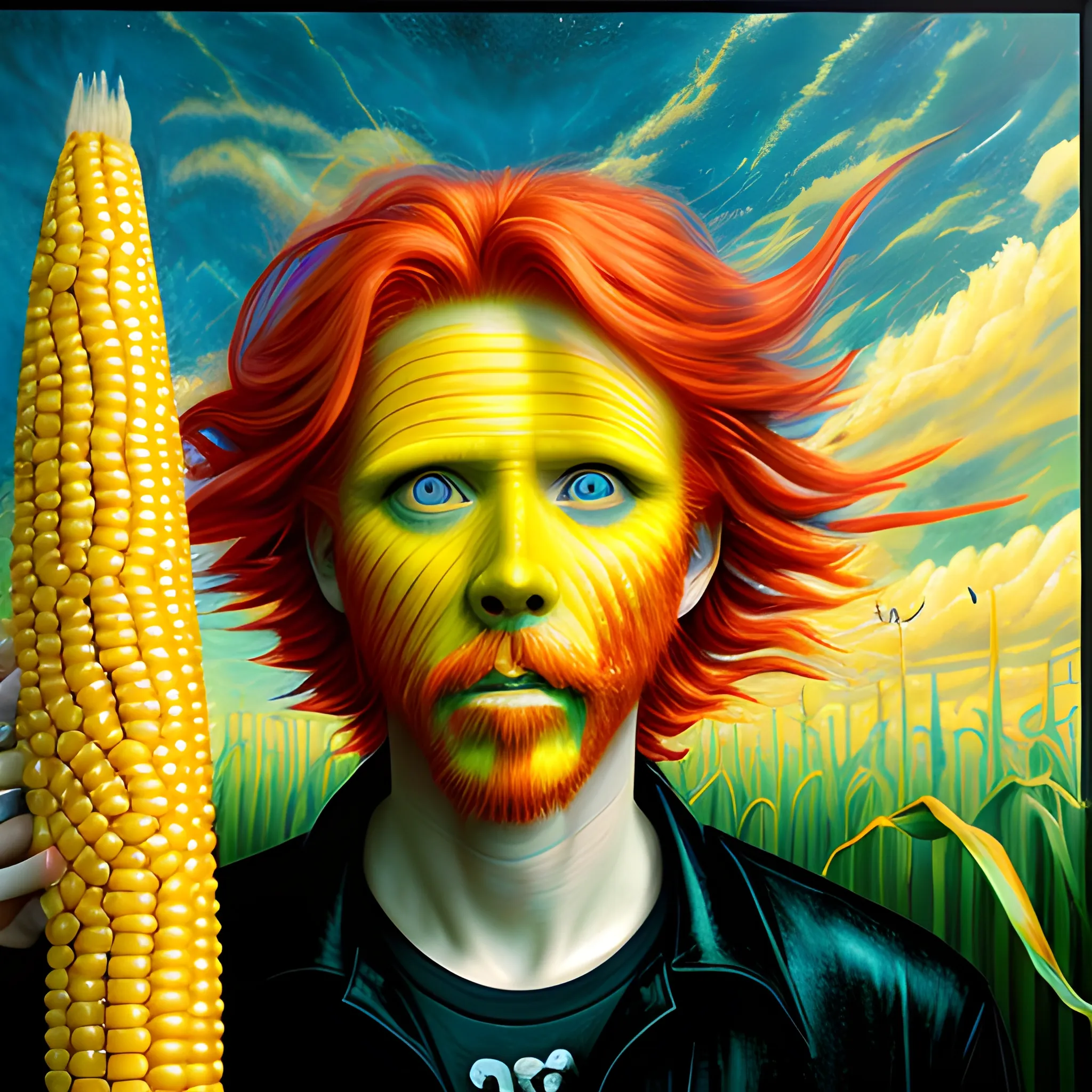  Masterpiece, scenic;  redhead Courtney Gains; neon spray paint, acrylic paint, fantastical surrealist world, corn cob, yellow corn; in the style of Stephen Gammell and Shawn Coss