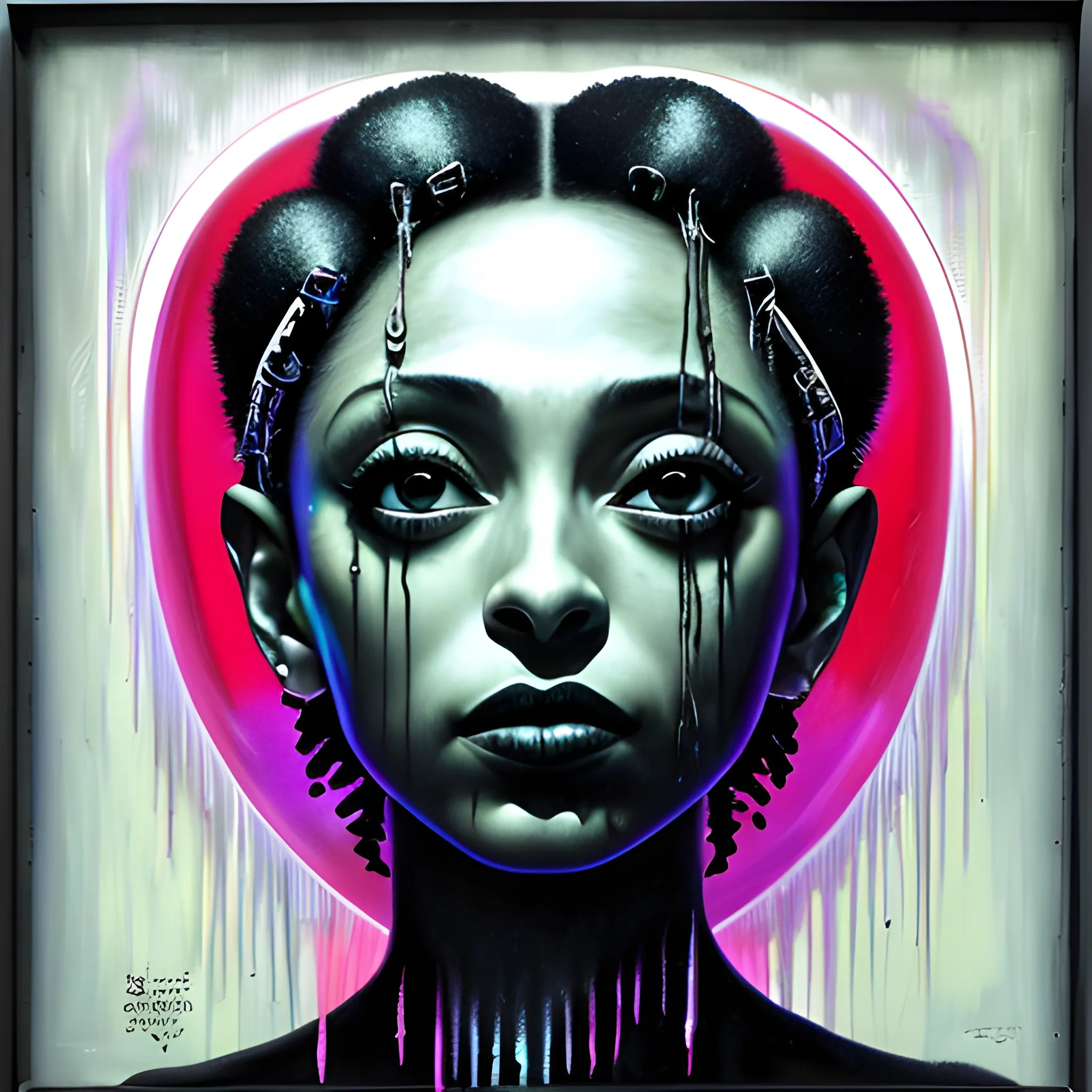  Masterpiece, scenic; Sade Adu; neon spray paint, acrylic paint, fantastical surrealist world, in the style of Stephen Gammell and Shawn Coss, extremely detailed, sick, gothic, eldritch; neon nights