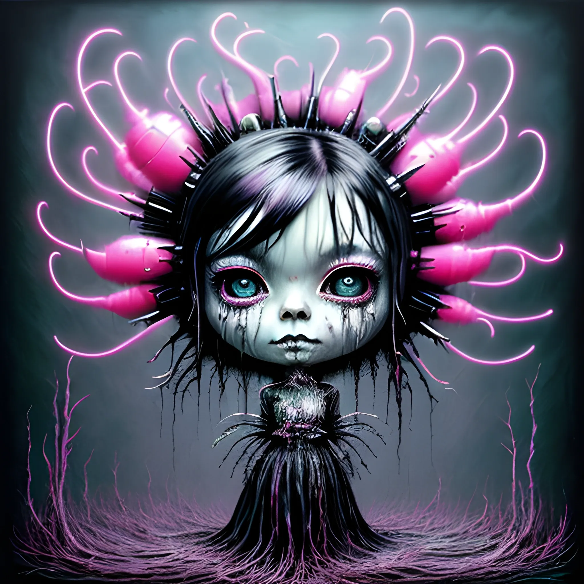  Masterpiece, scenic; Bjork; neon spray paint, acrylic paint, fantastical surrealist world, in the style of Stephen Gammell and Shawn Coss, extremely detailed, sick, gothic, eldritch: chibi kawaii