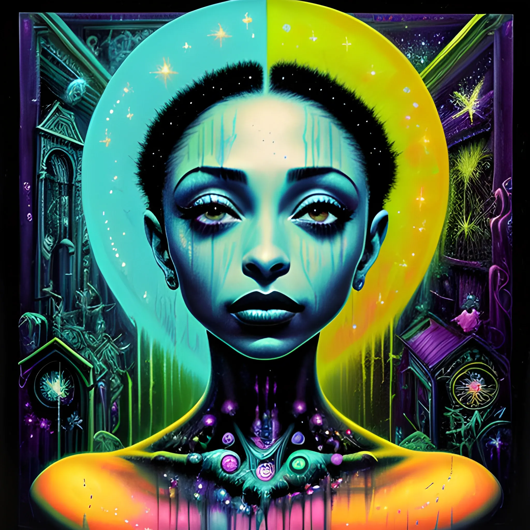  Masterpiece, scenic; Sade Adu; neon spray paint, acrylic paint, fantastical surrealist world, in the style of Stephen Gammell and Shawn Coss, extremely detailed, sick, gothic, eldritch; extreme neon color, stars, glitter, sparkles