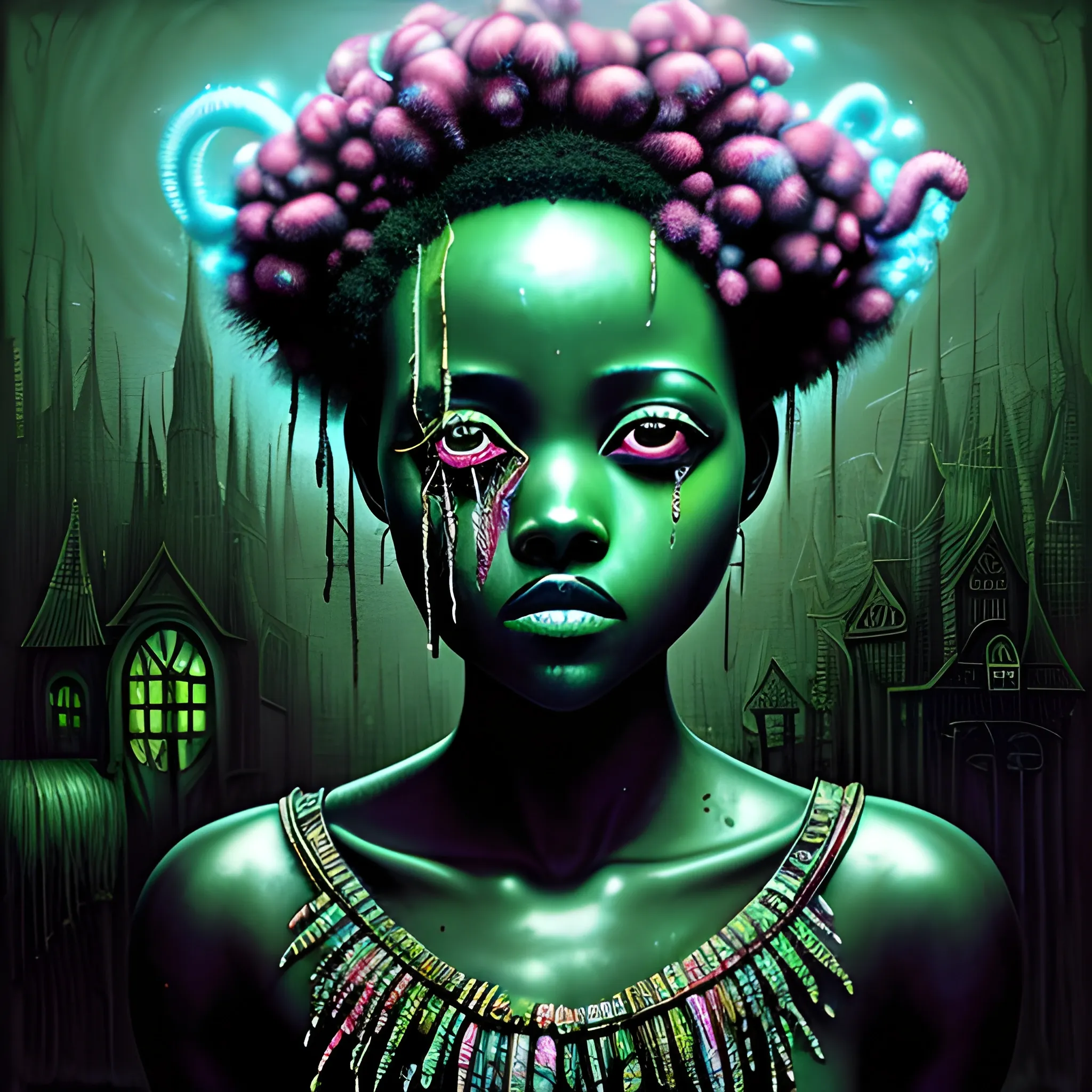  Masterpiece, scenic; Lupita Nyong'o; neon spray paint, acrylic paint, fantastical surrealist world, in the style of Stephen Gammell and Shawn Coss, extremely detailed, sick, gothic, eldritch