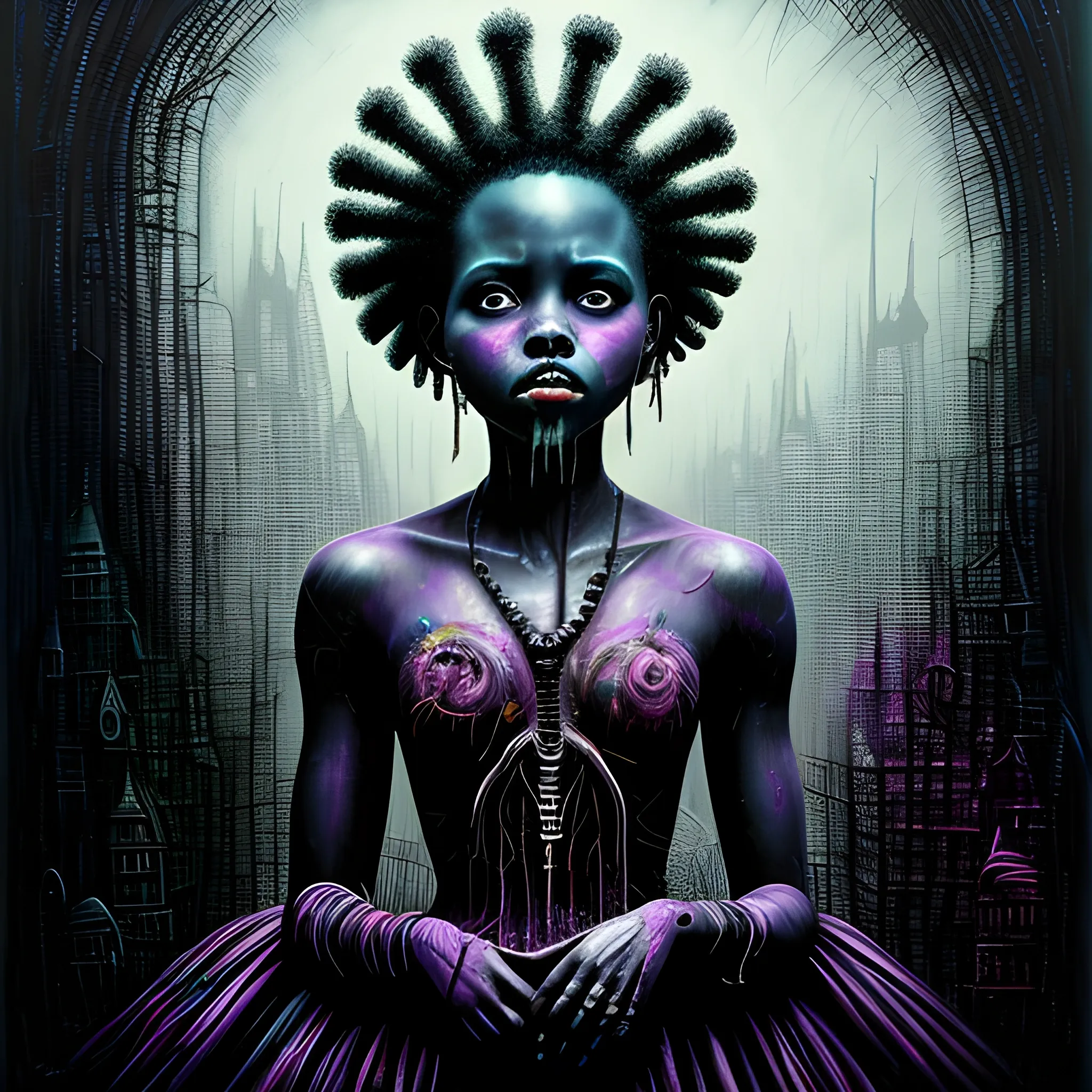  Masterpiece, scenic; Lupita Nyong'o; neon spray paint, acrylic paint, fantastical surrealist world, in the style of Stephen Gammell and Shawn Coss, extremely detailed, sick, gothic, eldritch