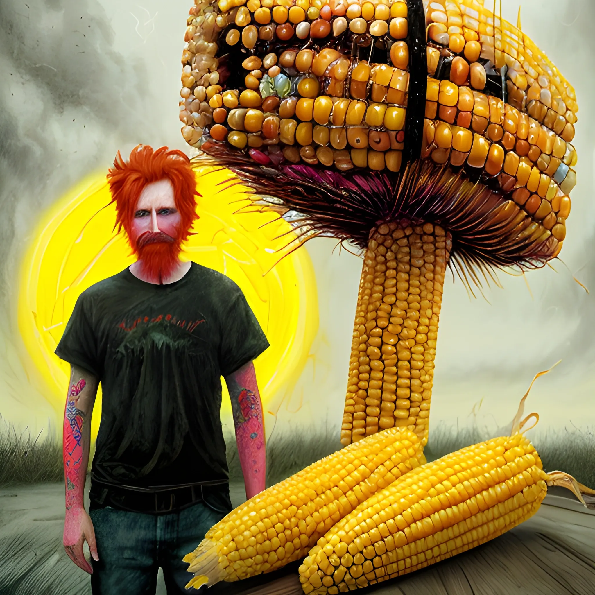  Masterpiece, scenic;  redhead Courtney Gains; neon spray paint, acrylic paint, fantastical surrealist world, corn cob, yellow corn; in the style of Stephen Gammell and Shawn Coss