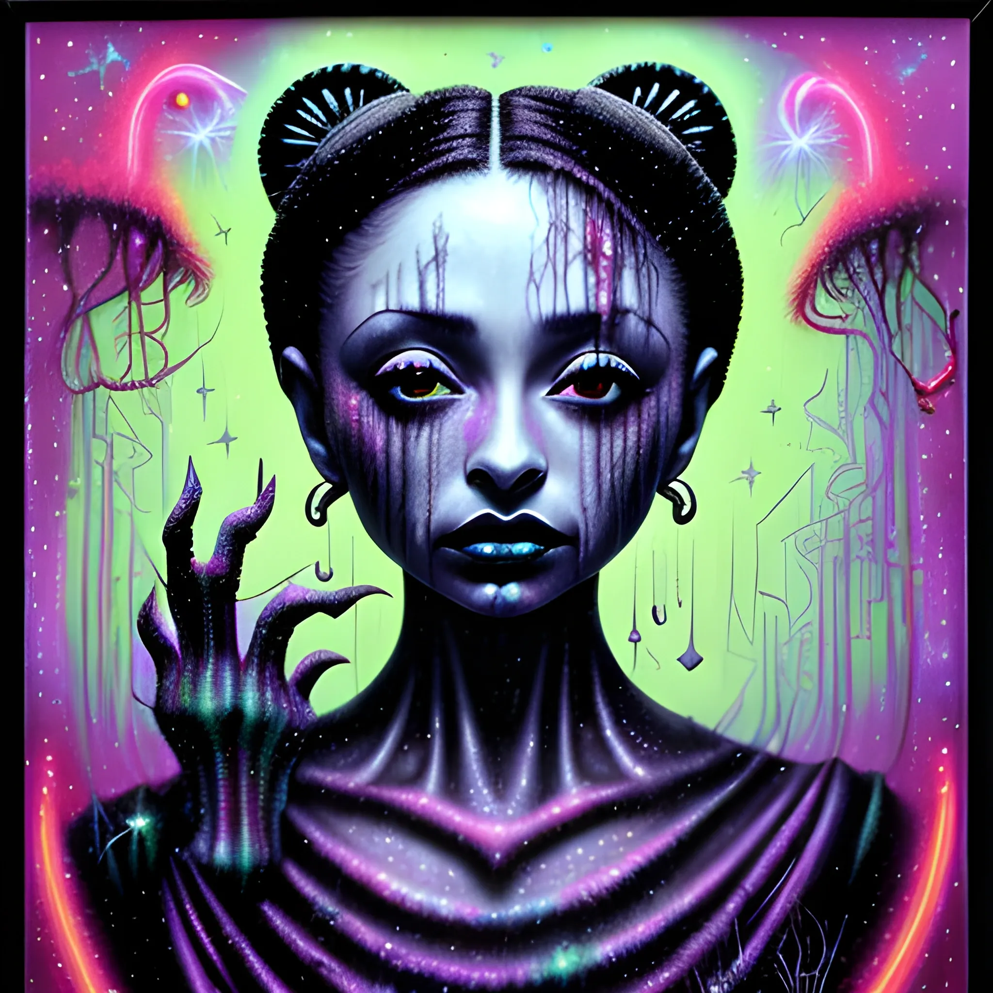  Masterpiece, scenic; Sade Adu; neon spray paint, acrylic paint, fantastical surrealist world, in the style of Stephen Gammell and Shawn Coss, extremely detailed, sick, gothic, eldritch; extreme neon color, stars, glitter, sparkles