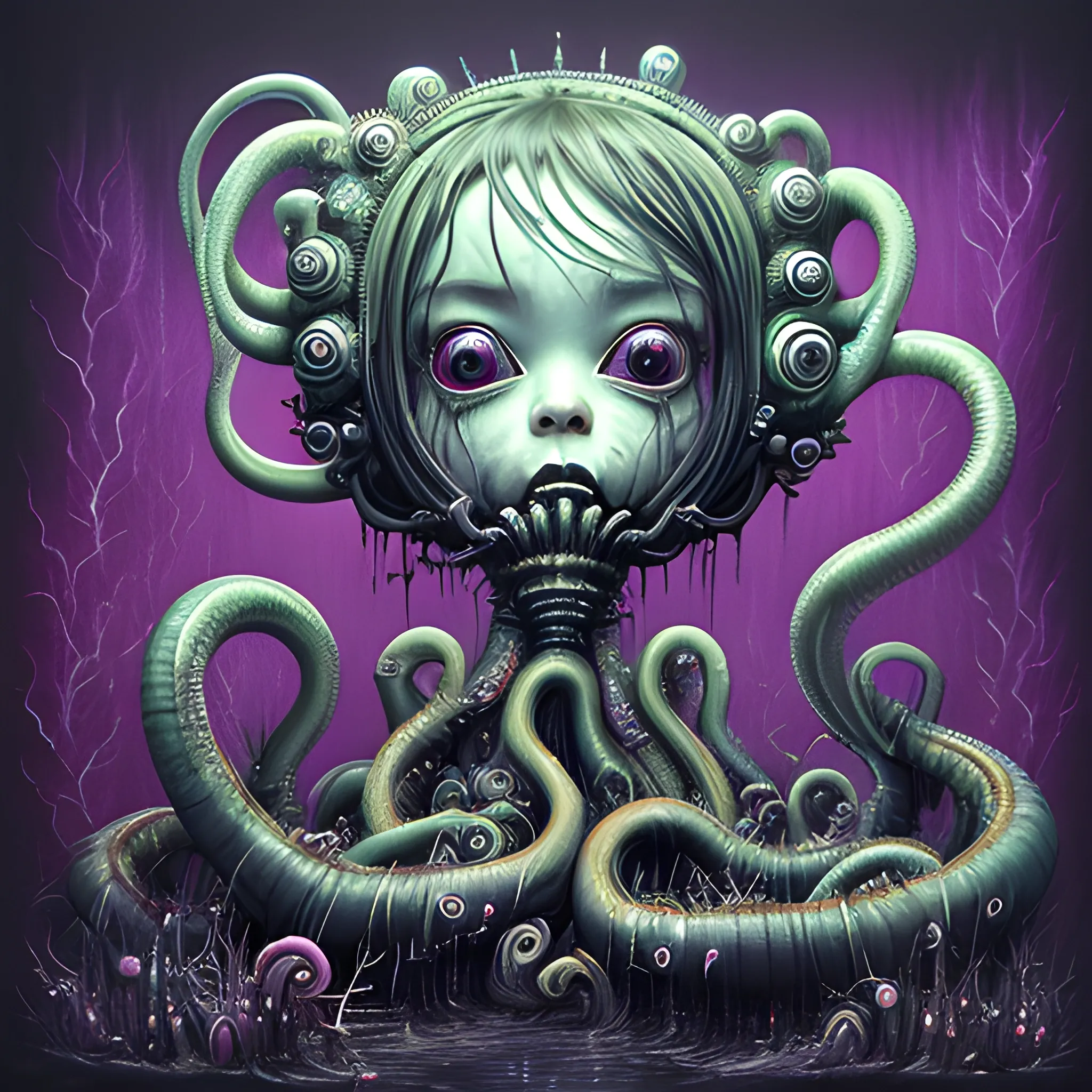  Masterpiece, scenic; Bjork; neon spray paint, acrylic paint, fantastical surrealist world, in the style of Stephen Gammell and Shawn Coss, extremely detailed, sick, gothic, eldritch: chibi kawaii tentacles