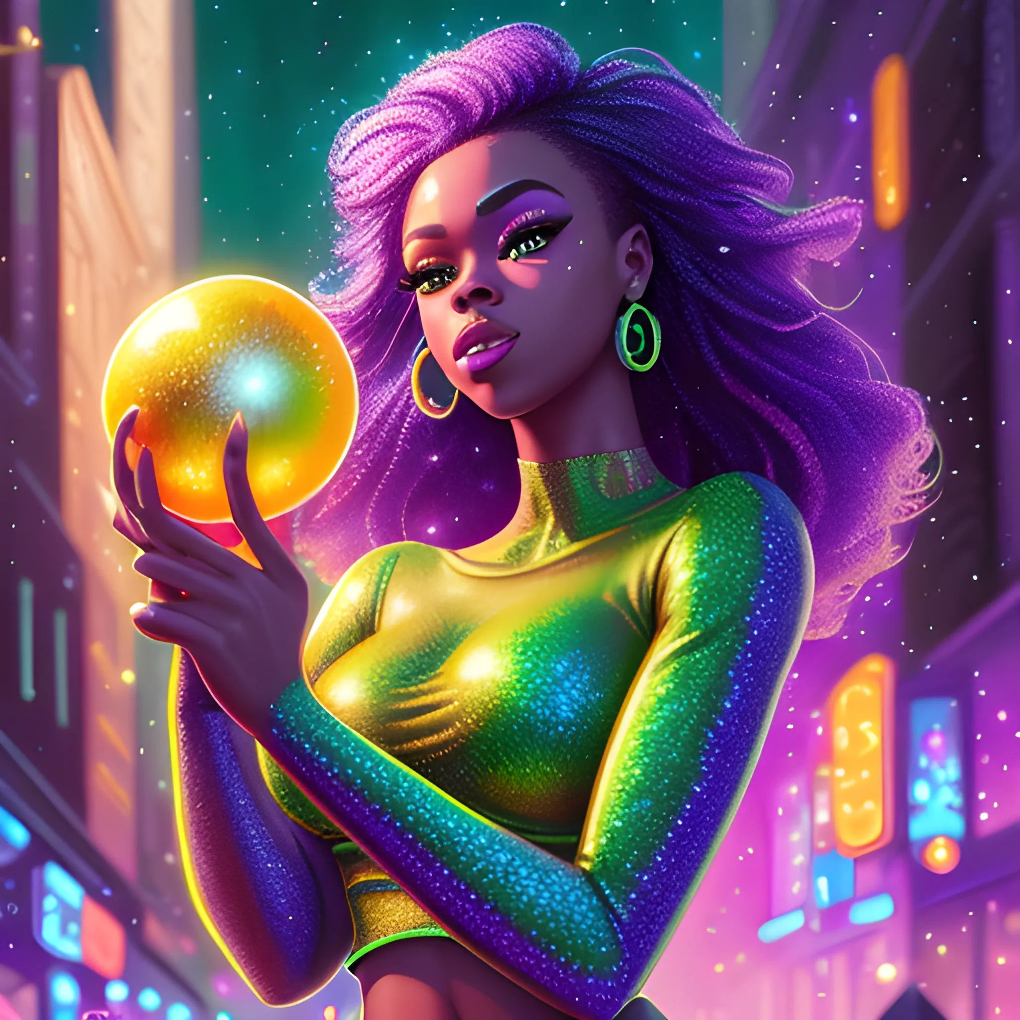 Charlotte Ayanna, perfect, anatomically correct perfect body, highly detailed beautiful face, green midriff dress, meticulously detailed multi-hued long dark curly hair, holding a purple ball in her hand; digital painting, smooth, sharp focus, colorful illustration, art by Lisa Frank, James R. Eads, artgerm and Maxfield Parrish; luminous color sparkles, glitter, neon, airbrush, Unreal Engine 5, Fausto-Giurescu, Tania Rivilis, Dan Mumford; luminous colorful sparkles, glitter, airbrush, depth of field, volumetric lighting, downtown