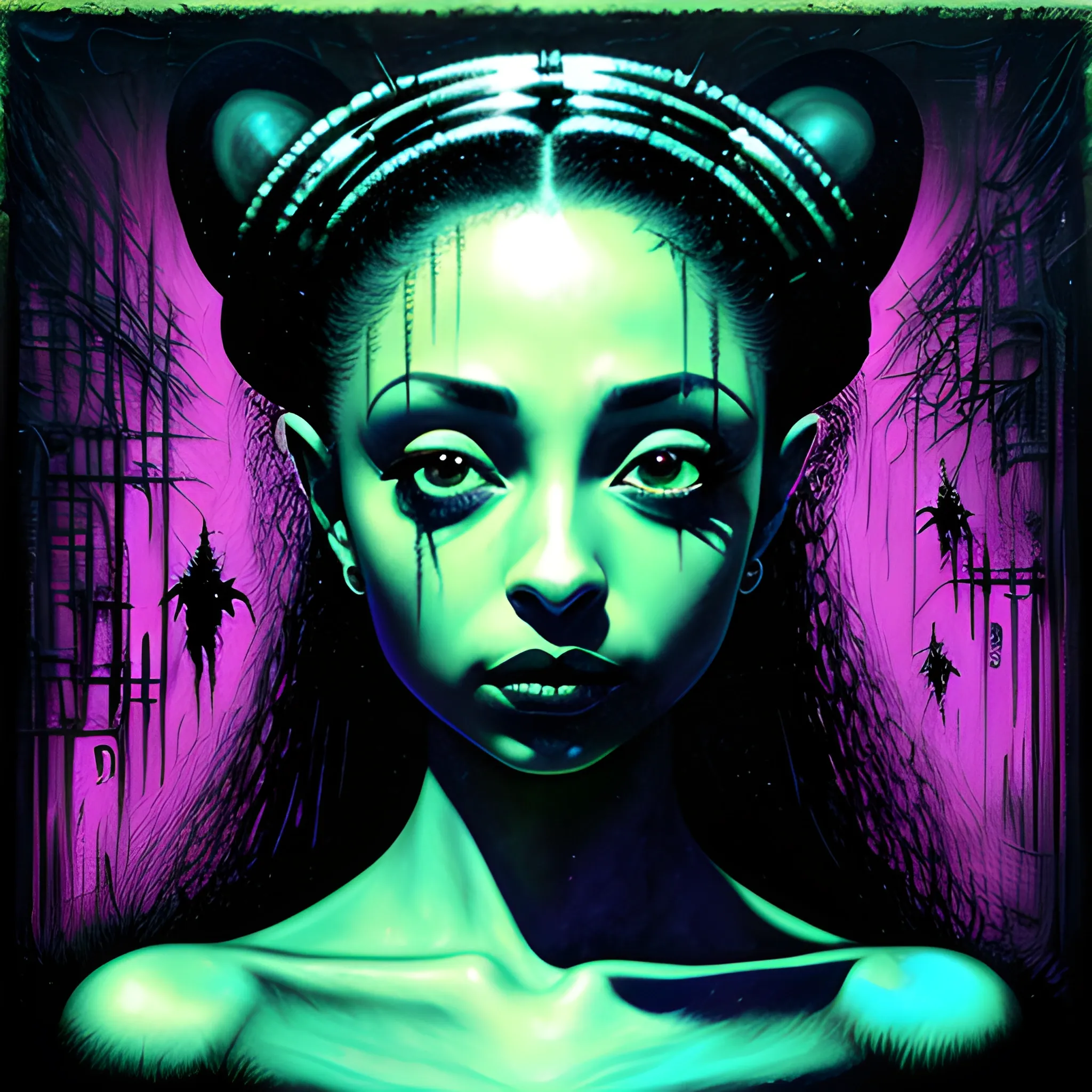  Masterpiece, scenic; Sade Adu; neon spray paint, acrylic paint, fantastical surrealist world, in the style of Stephen Gammell and Shawn Coss, extremely detailed, sick, gothic, eldritch; neon nights