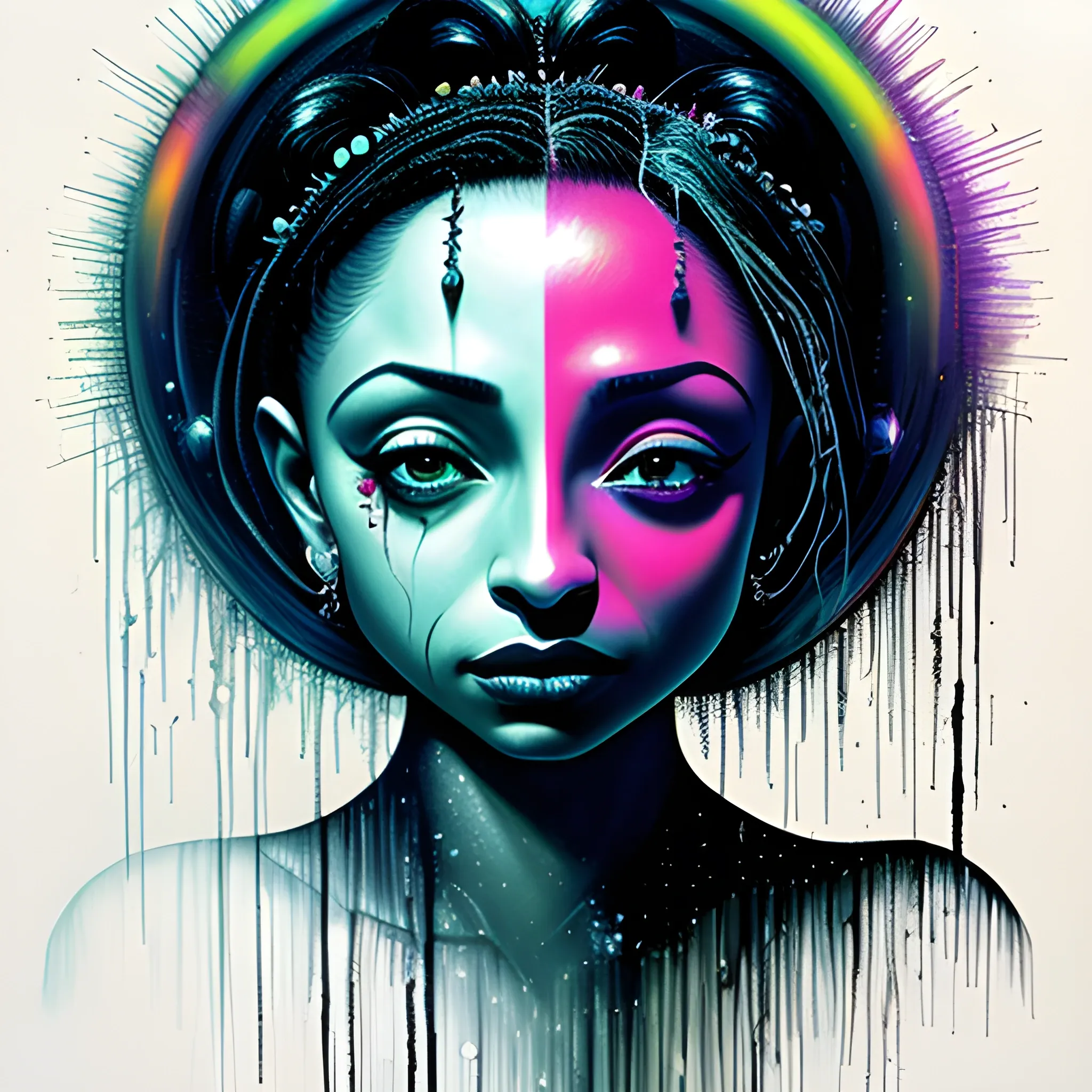  Masterpiece, scenic; Sade Adu; neon spray paint, acrylic paint, fantastical surrealist world, in the style of Stephen Gammell and Shawn Coss, extremely detailed, sick, gothic, eldritch; extreme neon color, stars, glitter, sparkles