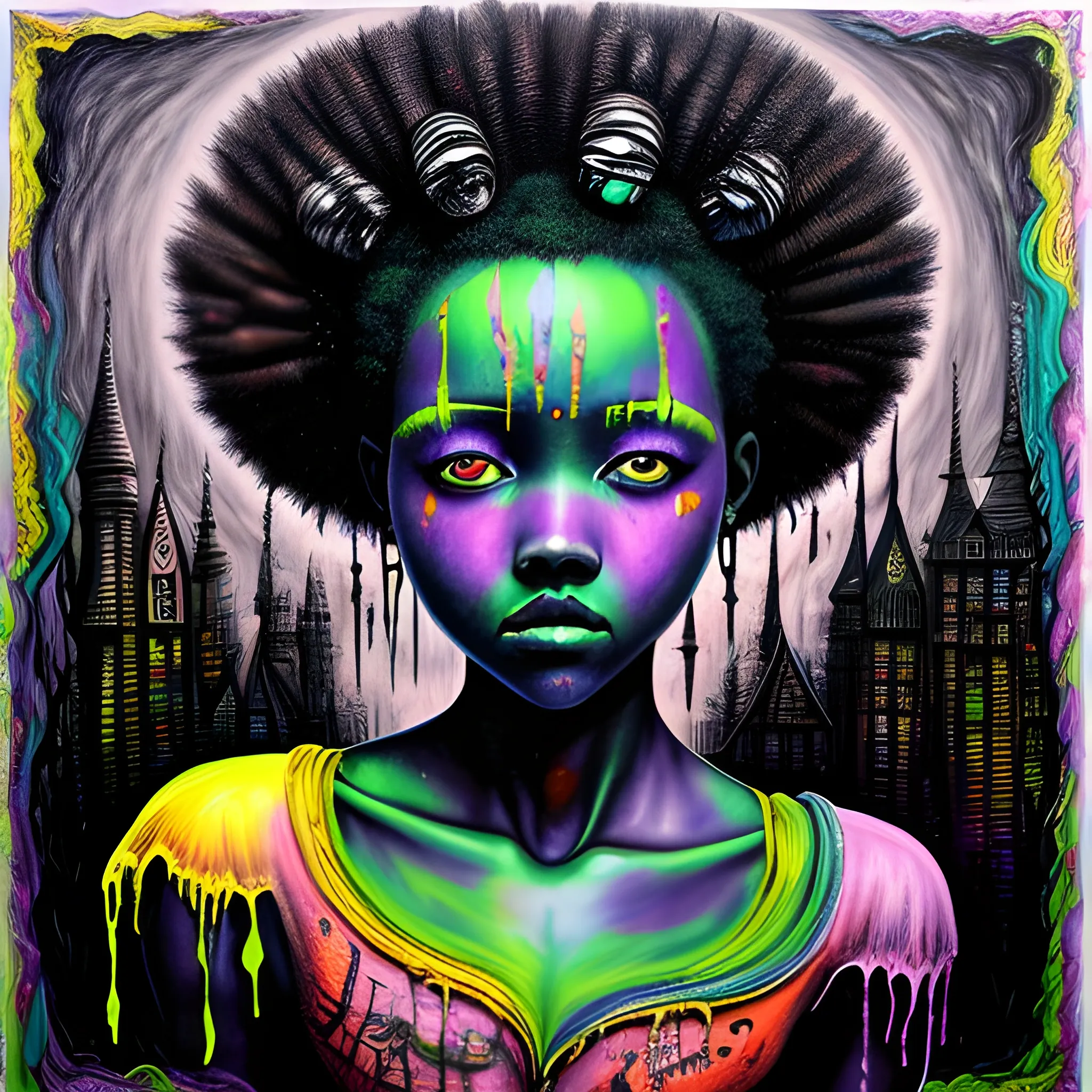  Masterpiece, scenic; Lupita Nyong'o; neon spray paint, acrylic paint, fantastical surrealist world, in the style of Stephen Gammell and Shawn Coss, extremely detailed, sick, gothic, eldritch, markers, crayons, oil pastels