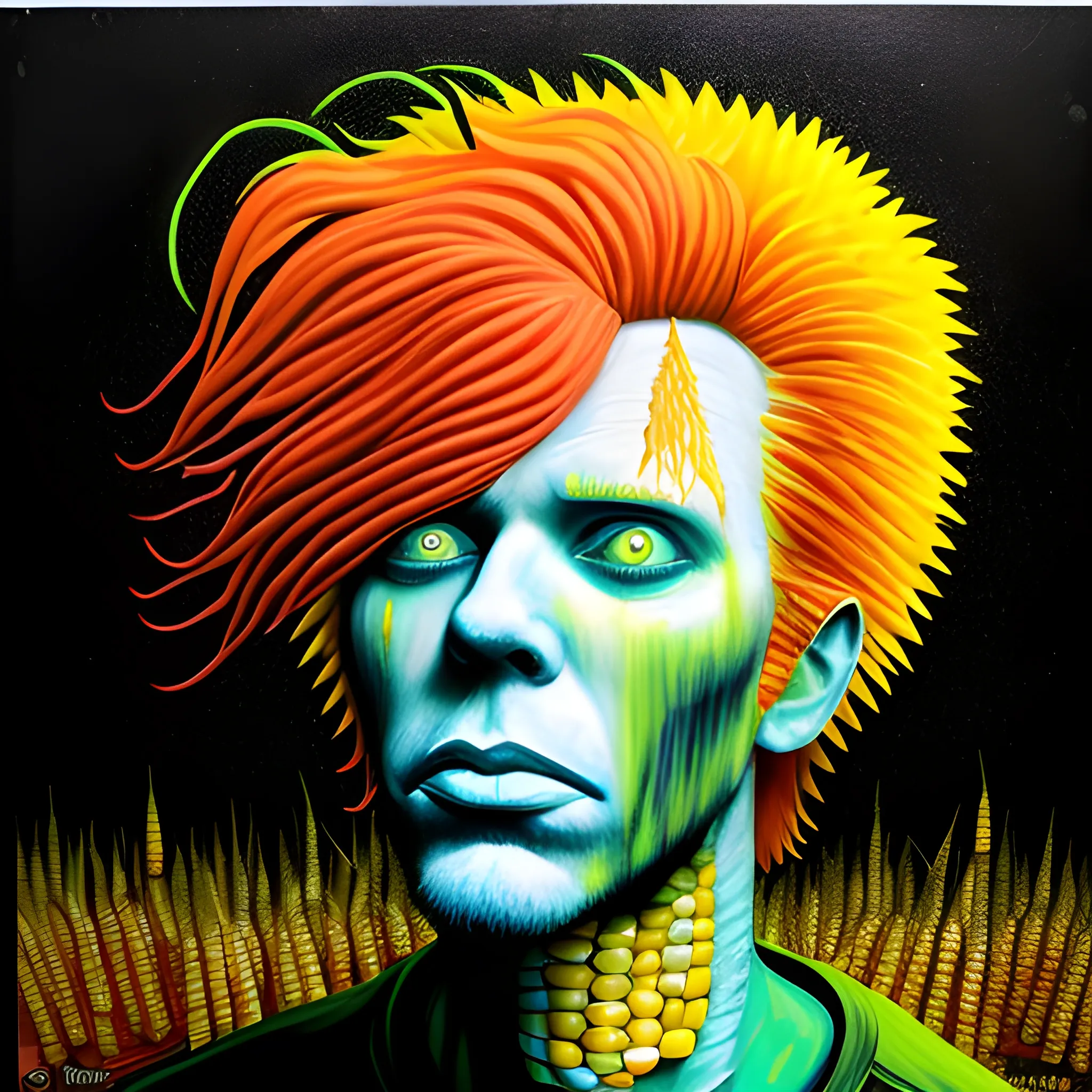  Masterpiece, scenic;  redhead Courtney Gains; neon spray paint, acrylic paint, fantastical surrealist world, corn cob, yellow corn; in the style of Stephen Gammell and Shawn Coss