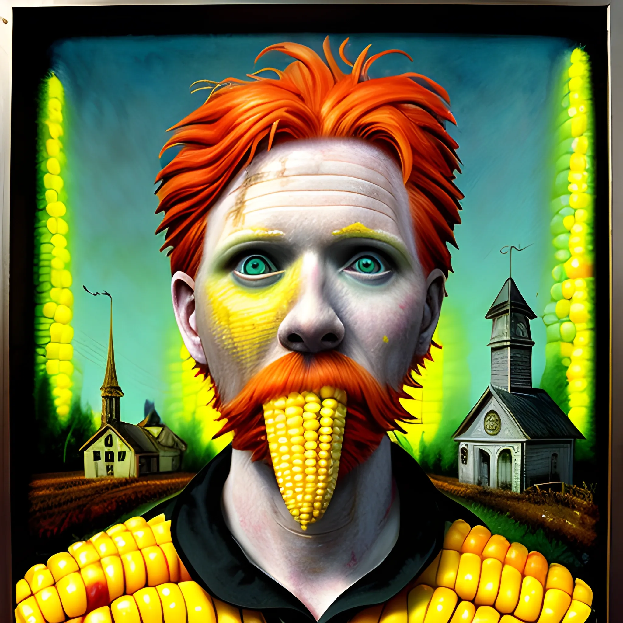  Masterpiece, scenic;  redhead Courtney Gains; neon spray paint, acrylic paint, fantastical surrealist world, corn cob, yellow corn; in the style of Stephen Gammell and Shawn Coss