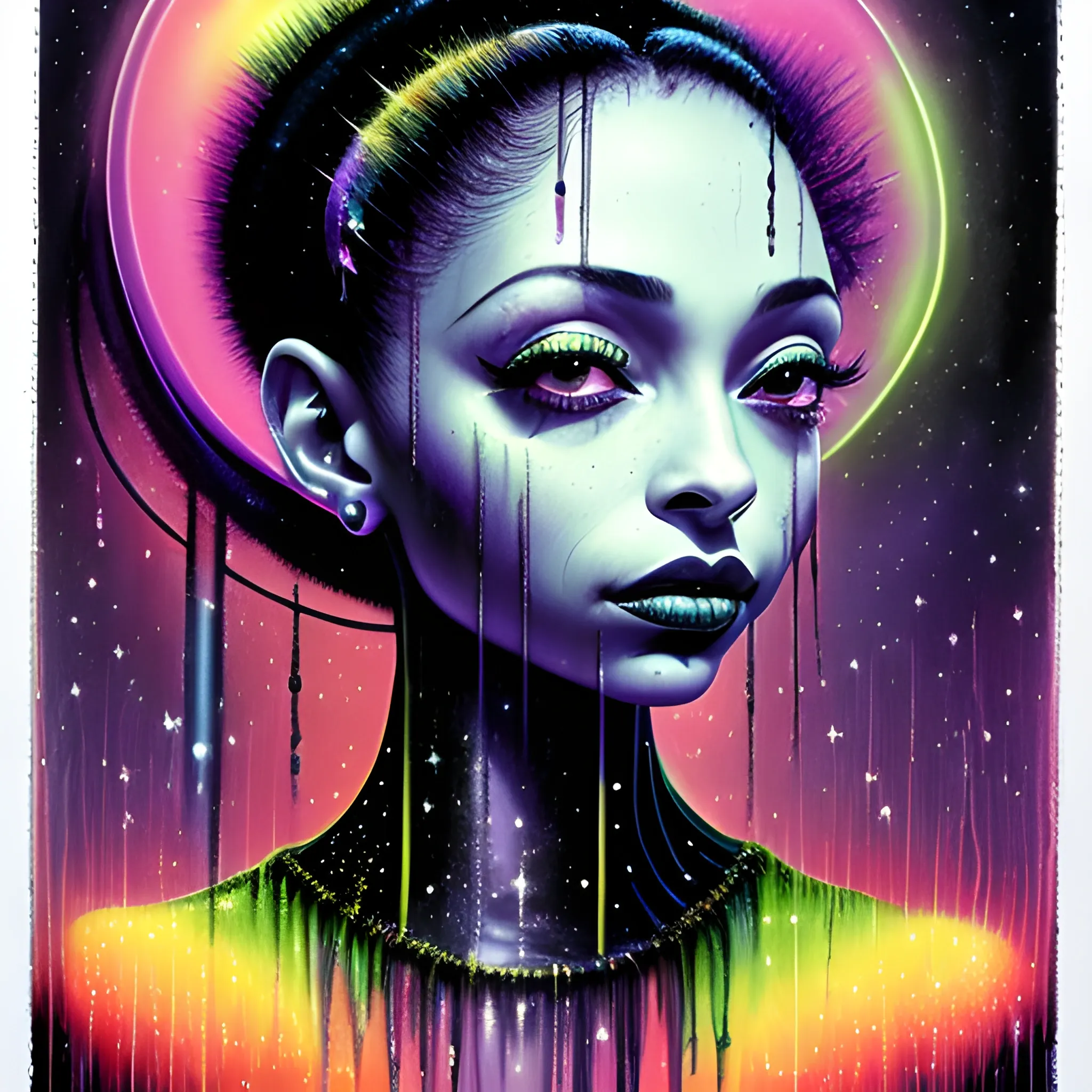  Masterpiece, scenic; Sade Adu; neon spray paint, acrylic paint, fantastical surrealist world, in the style of Stephen Gammell and Shawn Coss, extremely detailed, sick, gothic, eldritch; extreme neon color, stars, glitter, sparkles