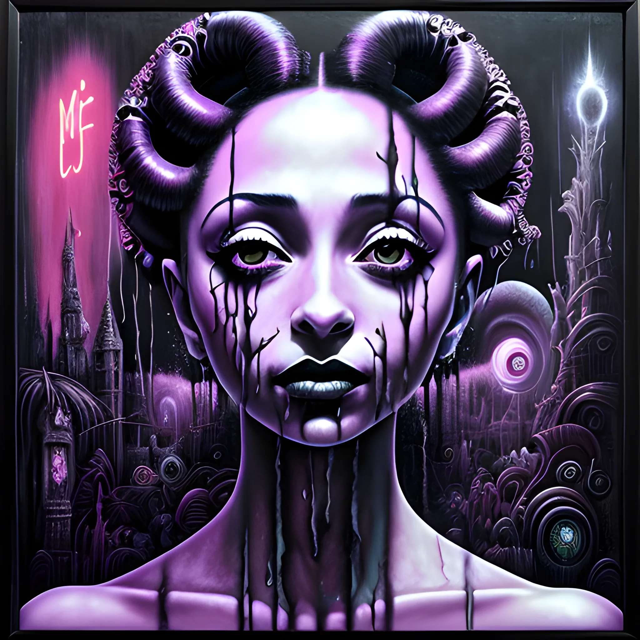  Masterpiece, scenic; Sade Adu; neon spray paint, acrylic paint, fantastical surrealist world, in the style of Stephen Gammell and Shawn Coss, extremely detailed, sick, gothic, eldritch; neon nights